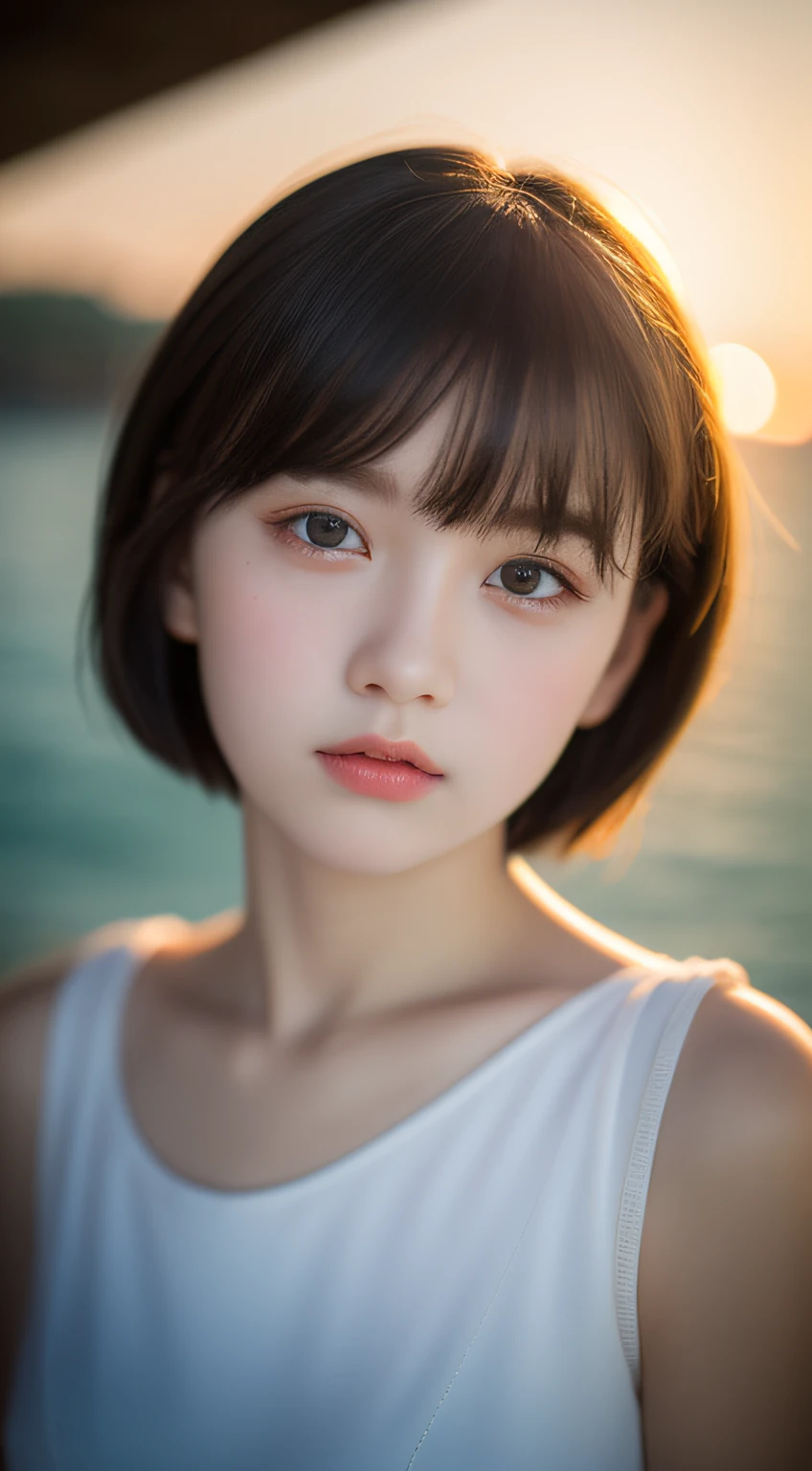 masterpiece, best quality, raw photo, photorealistic, seaside, full body, beautiful girl, cute, short hair, depth of field, high resolution, ultra detail, fine detail, highly detailed, highly detailed eyes and face, sharp pupils, realistic pupils, sharp focus, cinematic lighting