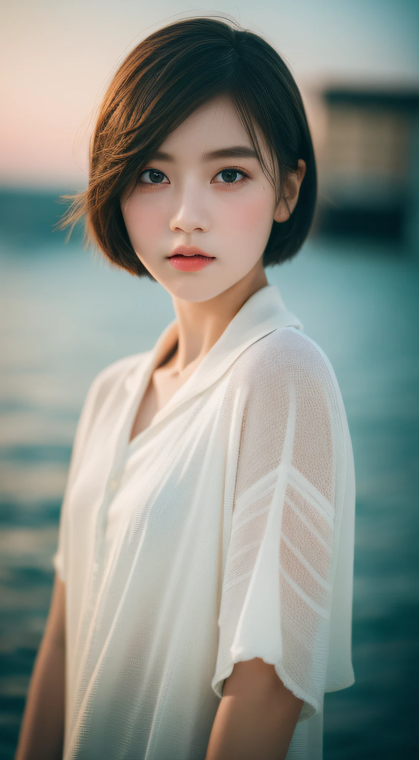 masterpiece, best quality, raw photo, photorealistic, seaside, full body, beautiful girl, cute, short hair, depth of field, high resolution, ultra detail, fine detail, highly detailed, highly detailed eyes and face, sharp pupils, realistic pupils, sharp focus, cinematic lighting