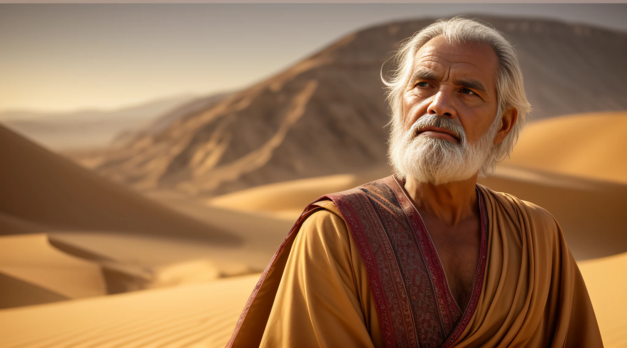 old man, Prophet in biblical robes, In the wilderness, face marked by the sun, looking thoughtfully at the horizon, desert background, (Neutral Colors: 1,2), (HDR: 1,4) , (subdued colors:1.2), hyperdetailed, (art-station:1.4), movie  theatermatográfico, warm lights, dramatic light, (details Intricate:1.1), complex background, (Rutkowski:0.66), (blue and orange:0.4) older man, white bearded, severe features, (pretty detailed eyes) Wise old man, exquisite work, ​masterpiece, 8K, ultradetailed, movie  theater, soft-lighting, high qualiy, volumeric lighting, heartfelt, fot, high qualiy, does not use paste, No accessories, no characters in the background, desert background, profile image in american plan,
