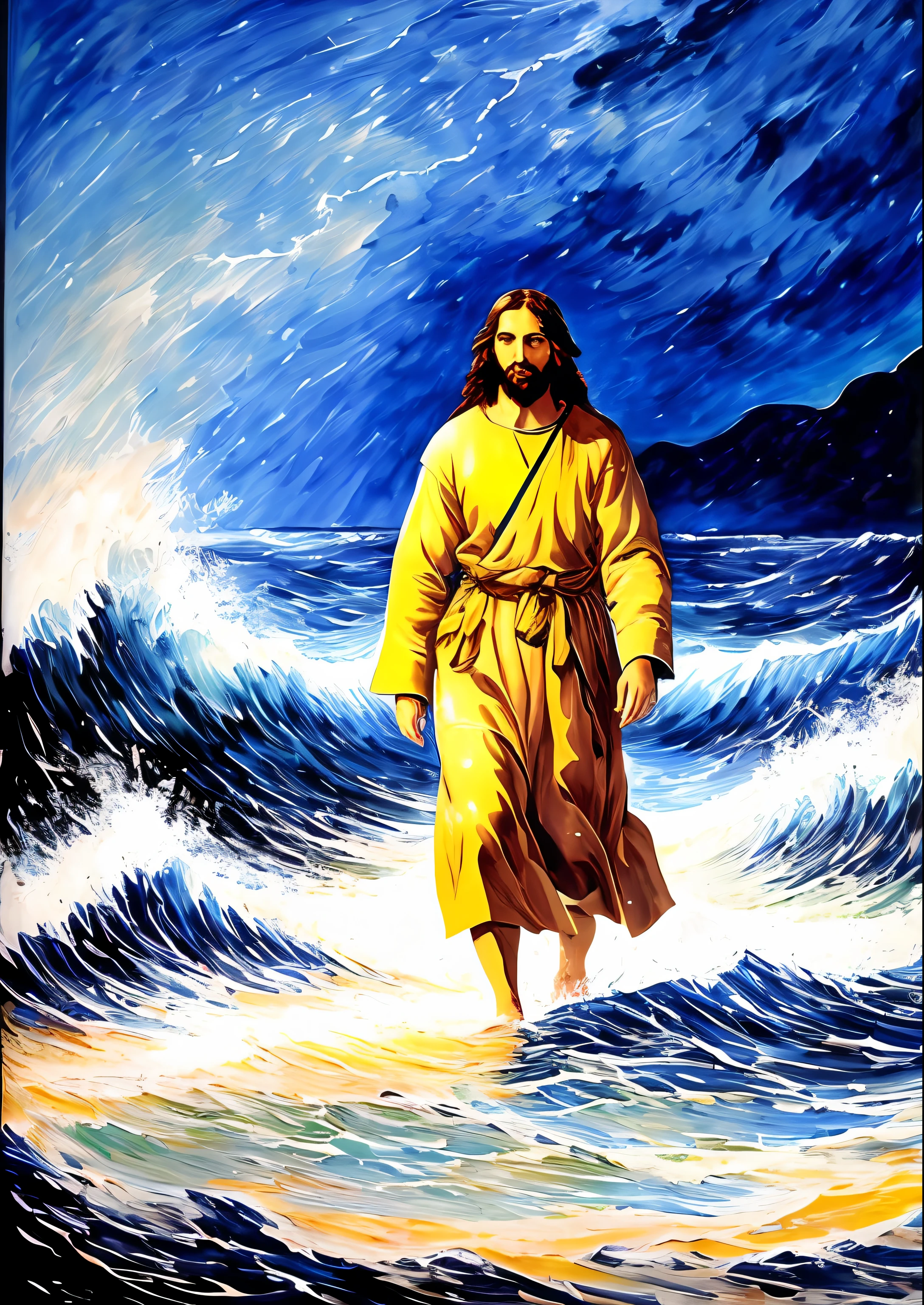 Jesus walking on water in a storm, Smooth expression, streaks of light descending from the sky, obra-prima, alta qualidade, alta qualidade, altamente detalhado CG,  pintura acrilica, pintura premiadas, Pintor Vicent van Gogh, profundidade de campo, Pintura acrilica com a marca de pinceladas do artista, realista, muito detalhado, Pintura de acrilica premida pelo seus detalhes e expessividade, trend in CGSociety, complexo, alto detalhe, dramatic, arte no meio da jornada, volumeric lighting