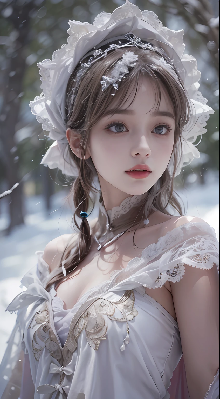 （8K，RAW photos， best qualtiy， tmasterpiece：1.2），（realisticlying， photograph realistic：1.4)，Hide your face with sadness，
Lolita costume，Lace， Aerith Gainsborough， The upper part of the body，upper legs，Lace， undergarments，exposed bare shoulders， do lado de fora， (outside，Covered with snow，cloaks，) high high quality， Adobe Lightroom， highdetailskin， looking at viewert，