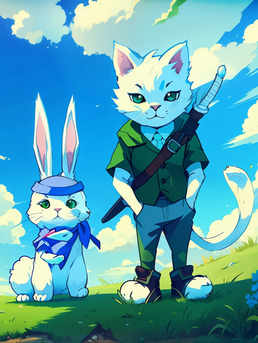 dos personajes, Un gato blanco y un conejo, fondo con césped verde y cielo azul, estilo de dibujos animados, Confrontaciones bien definidas, colores brillantes y, Personajes carismáticos