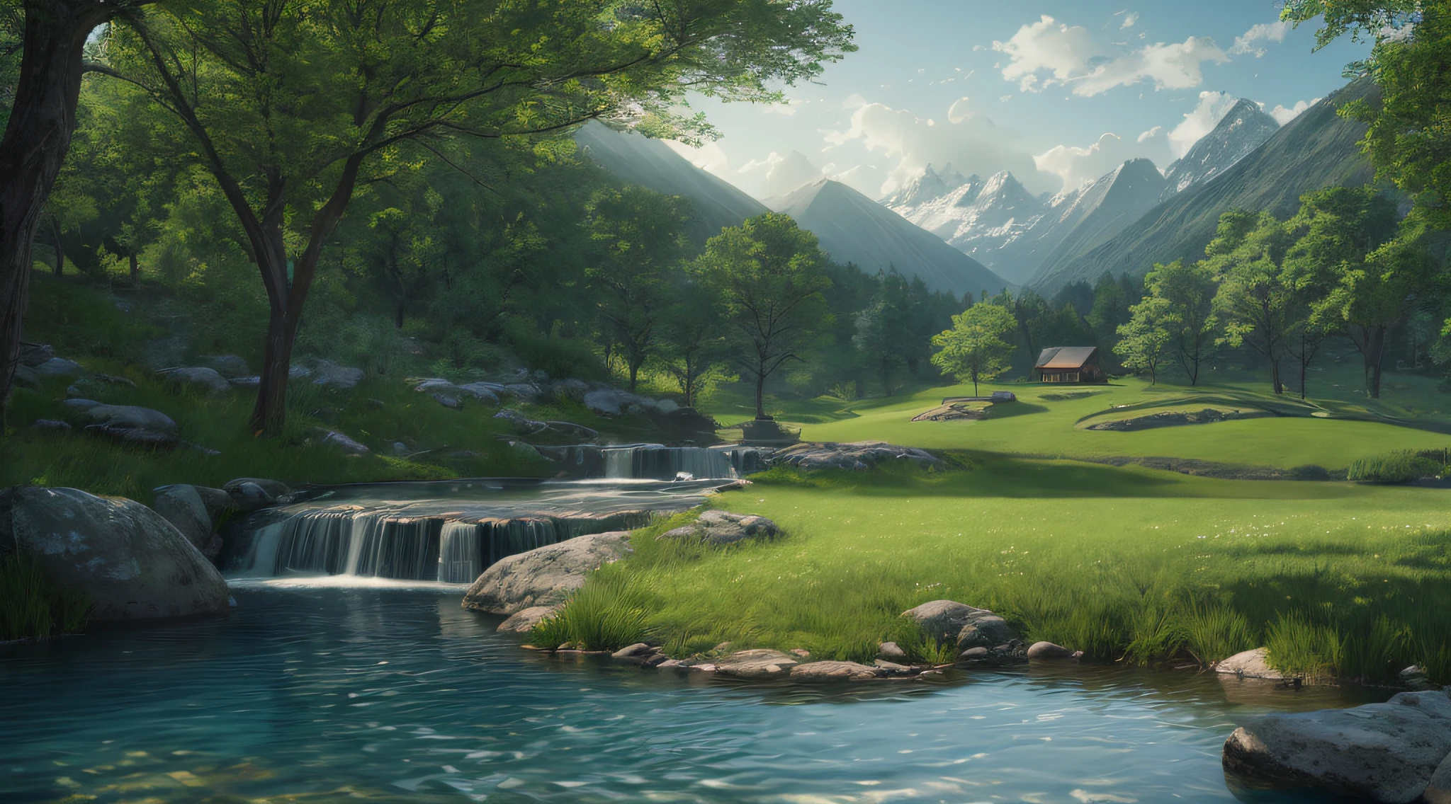 A peaceful place, very pleasant, aesthetic, calm, scenic. photorealistic, 8k uhd, studio quality, ultra realistic, max detail, massive scale, post-processing, realistic, photorealism, photoshop, photography, detailed, cinematic lighting, landscape, panoramic, landscape, raytracing, cinema4d