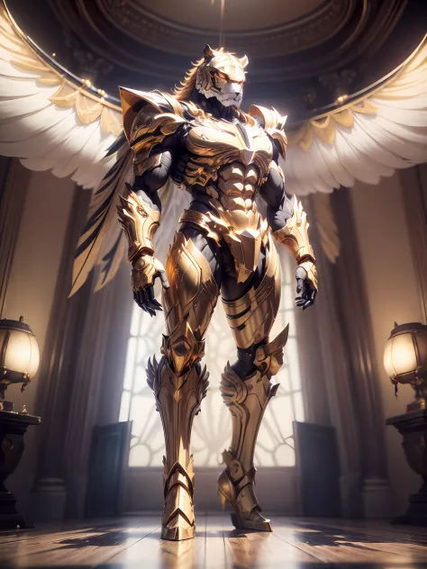 (anthropomorphism:1.5),(Full Body Shot), 1 gold tiger mecha(Mechanical style gold tiger head, Exquisite Helmet:1.2, muscular limbs, muscular body, Unfold wings made of gold:1.2), Standing on two legs, nobody,  Dreamy Glow,clean,white background, ( Global i...