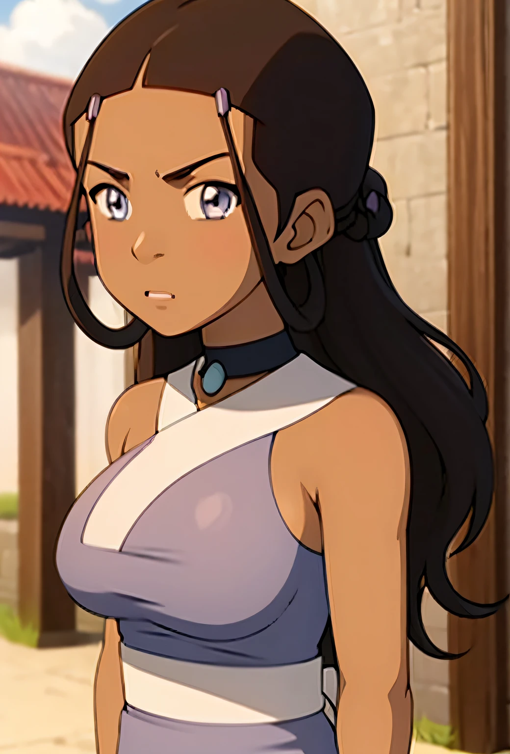 masterpiece, best quality, 1girl, katara, toned, dark skin, jewelry, looking at viewer, upper body, sunshine, sky, cloud, (blue eyes:0.6), fancy, sexy, cute, yandere, medium breast, long hair, mommy, big boobs