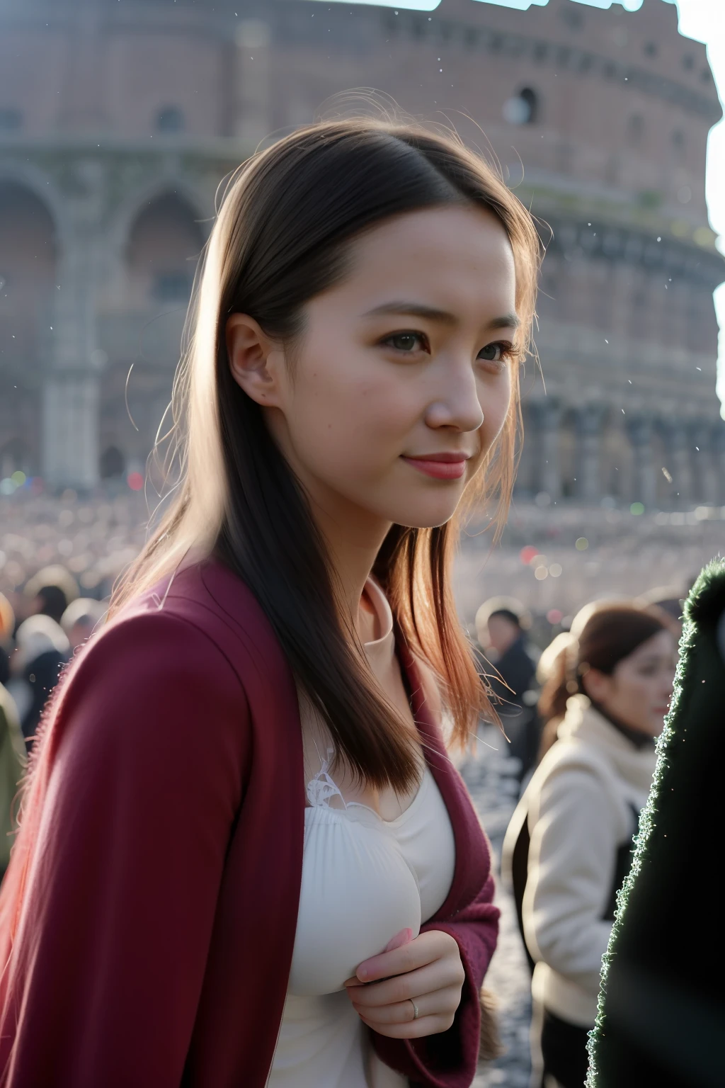 Best quality, Ultra-high resolution, Detailed face, Realistic face,RAW photo,2girls,duo,navel,(Castel Sant&#39;Angelo in Rome,crowd,winter,Snow),(cheerful big breasts, Energetic, cheerfulness:1.4), Green eyes, Small hairpins for ladybugs, 
(hdr:1.4), Dramatic, the complex background, cinematic, cinematic ligh, (rootkowski, art  stations:0.8),
insanely details, Intricate details, ultra - detailed, Low contrast, Soft cinematic light, exposure blend, hdr ,