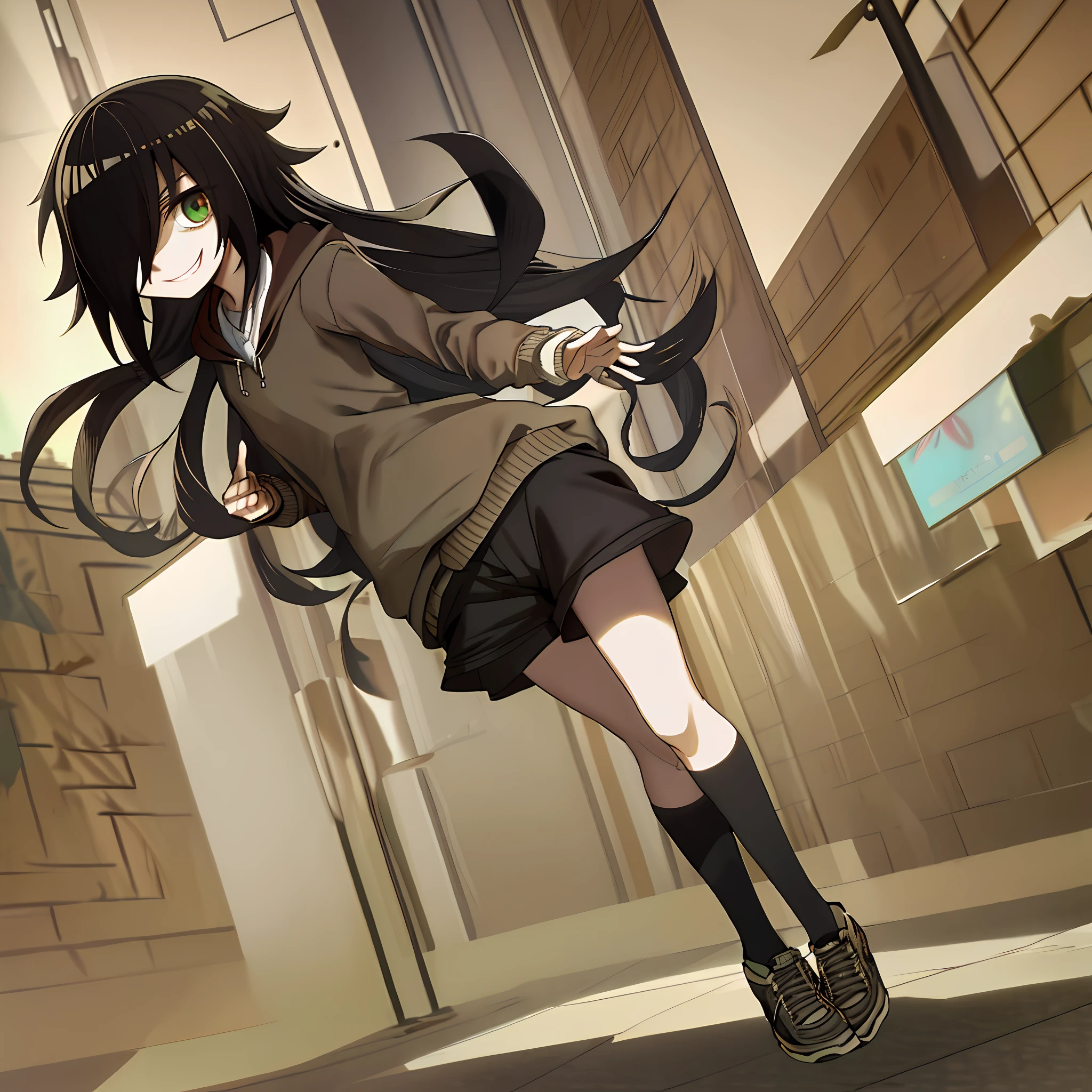 masterpiece, best quality, kuroki-tomoko, (skullgirls-48600:0.8), hair over one eye, green eyes, long hair, creepy and malicious smile, bags under eyes, dark brown hood, cosina knife, medium shorts, standing, medium black stocking, red sport tennis, street, dynamic pose, looking at the viewer, medium shot, top shot, full body,