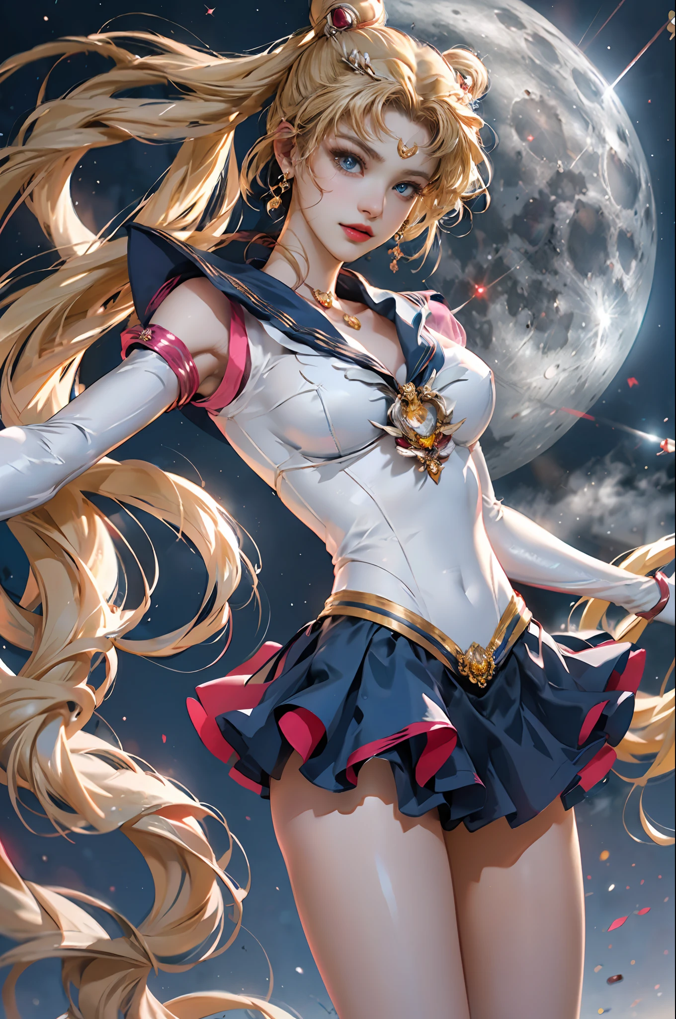 Obra de arte, completo: 1.3, ficar, 8K, 3D, realista, Ultra Micro Tiro, qualidade máxima, Papel de parede CG Unity 8K com detalhes extremos, De baixo, Detalhes intrincados, (1 mulher), 18 anos de idade, (Sailor Moon supersailorlua mer1, Tiara, Marinheiro Senshi Uniforme Marinheiro: 1.2, Sailor Moon: 1.2), Loira de cauda dupla incrivelmente longa e brilhante, afinar and very long straight twin-tailed blonde, coque de cabelo, red round hair ornament in a coque de cabelo, uniforme de marinheiro senshi, (colarinho azul, gola de marinheiro azul, mini saia pré-gate azul: 1.3, laço vermelho muito grande no peito: 1.3, Luvas compridas de látex brancas: 1.3, luvas vermelhas nos cotovelos, laço vermelho muito grande atrás da cintura: 1.1, o decote parece grande, tiara dourada, brincos), (detalhes do rosto: 1.5, Olhos azuis brilhantes, rosto bonito, olhos lindos, olhos brilhantes, afinar lips: 1.5, afinar and sharp pale eyebrows, longos cílios escuros, cílios duplos), Luxuosas joias de ouro, afinar, afinar and muscular, Rosto pequeno, Seios grandes, Proporções perfeitas, cintura fina, pose de modelo sexy, poros visíveis, sorriso sedutor, mãos perfeitas: 1.5, maiô de perna alta, very afinar and fit high-gloss white holographic leather, renderização de octanas, imagem muito dramática, luz natural forte, luz solar, iluminação e sombra requintadas, ângulo dinâmico, dslr, foco nitído: 1.0, Máxima clareza e nitidez, (Fundo do espaço, lualight, lua, fundo dinâmico, fundo detalhado)
