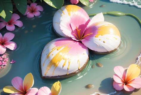Close-up of a heart made of flowers on the beach, heart made of flowers, Plumeria, tropical flowers, beautiful tropical flowers,...