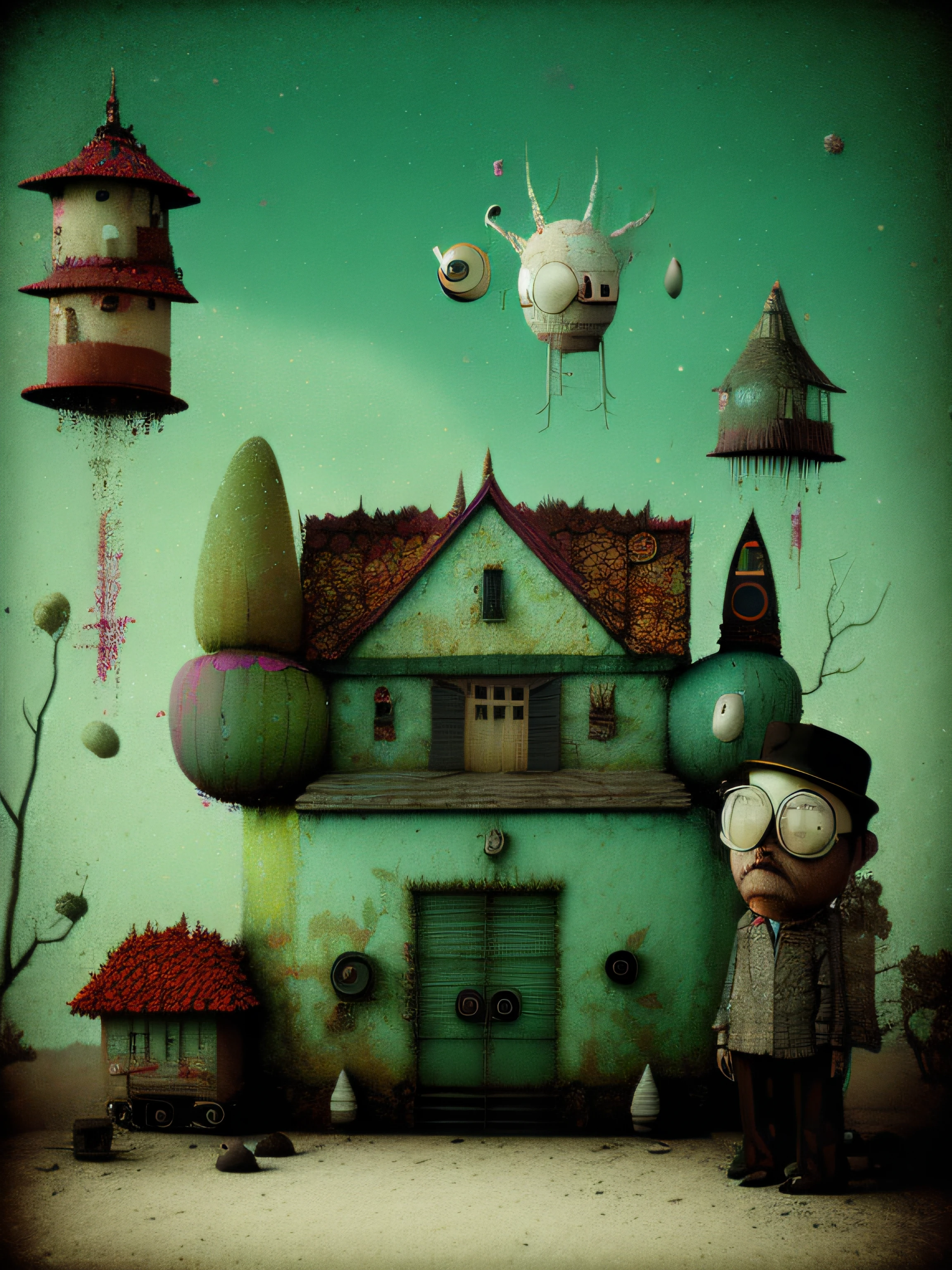 A strange house on the road, fullcolor, punk, glad, upbeat, don hertzfeldt, Hieronymus Bosch, Gabriel Pacheco