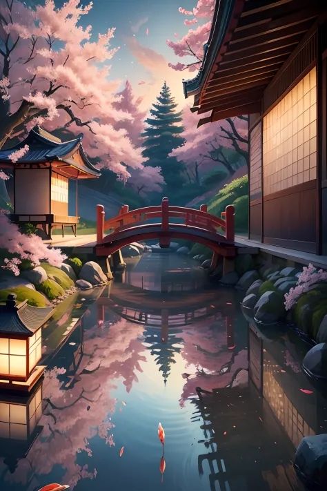 (digital painting),(best quality), serene Japanese garden, cherry blossoms in full bloom, koi pond, footbridge, pagoda, Ukiyo-e art style, Hokusai inspiration, Deviant Art popular, 8k ultra-realistic, pastel color scheme, soft lighting, golden hour, tranqu...