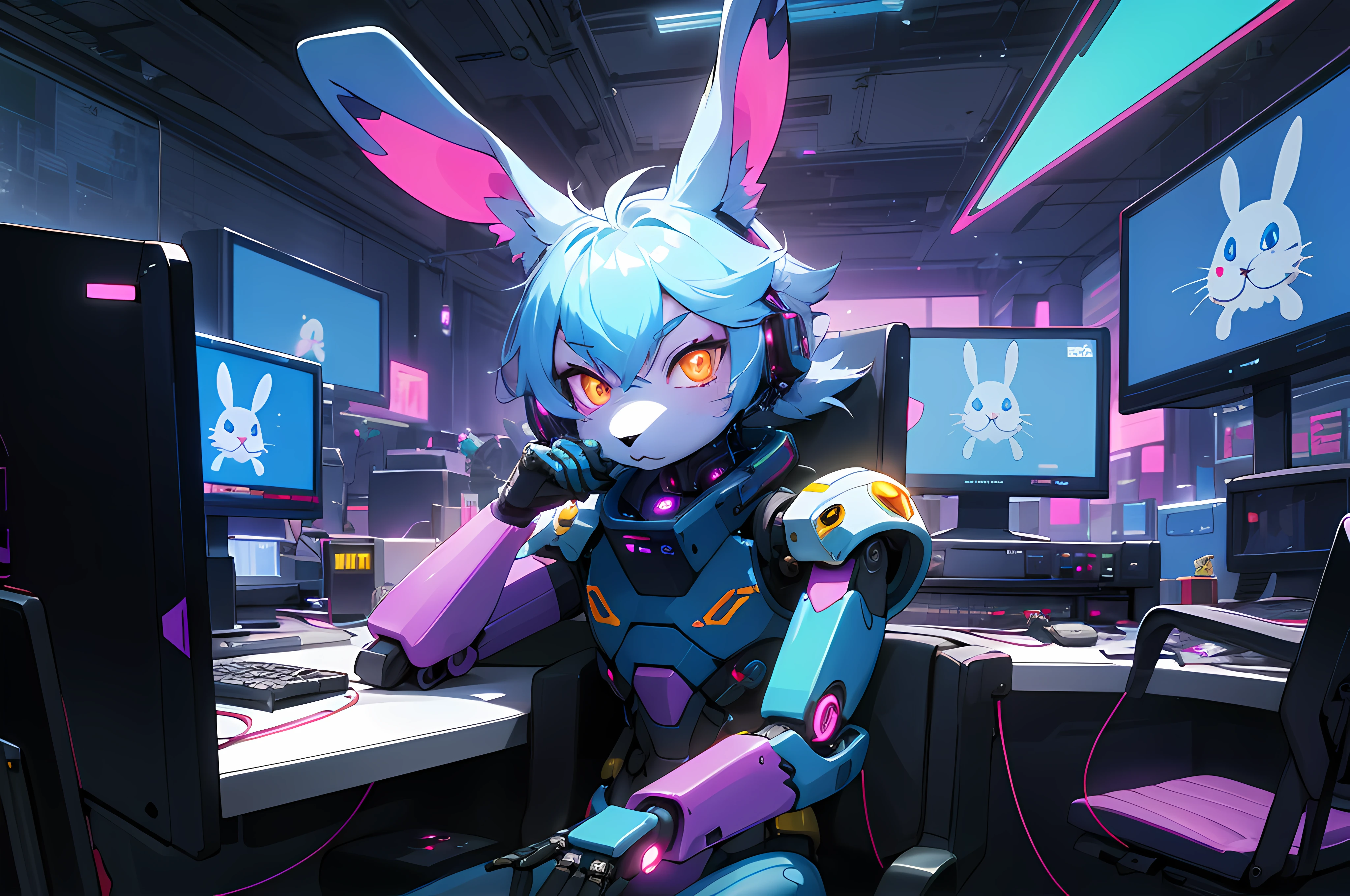 (blame! style abandoned tech landscape), (Zen, Amy Sol style), (((beats to relax/study to))), (((Lofi anthro kemono blue-furred rabbit girl in power armor sitting in metal chair behind computer terminal, behind giant glass terminal screen, beats to relax/study to))), (((blue kemono beastars furry rabbit anime hacker with small soft furry paws))), (((suspended glass cyberpunk computer terminals with robot rabbit in background))), ((glowing cyberdeck screens)), (underground, dark, foggy, perilous, abandoned dystopian apartment bedroom, deep windows), (abstract anthro rabbit figure wearing bunny ears), cover art with light abstraction, abstract, simple vector art, contemporary Cybernetic art, color gradients, soft color palettes, layered forms, whimsical animation, style Ethereal abstract, 4K, --v6