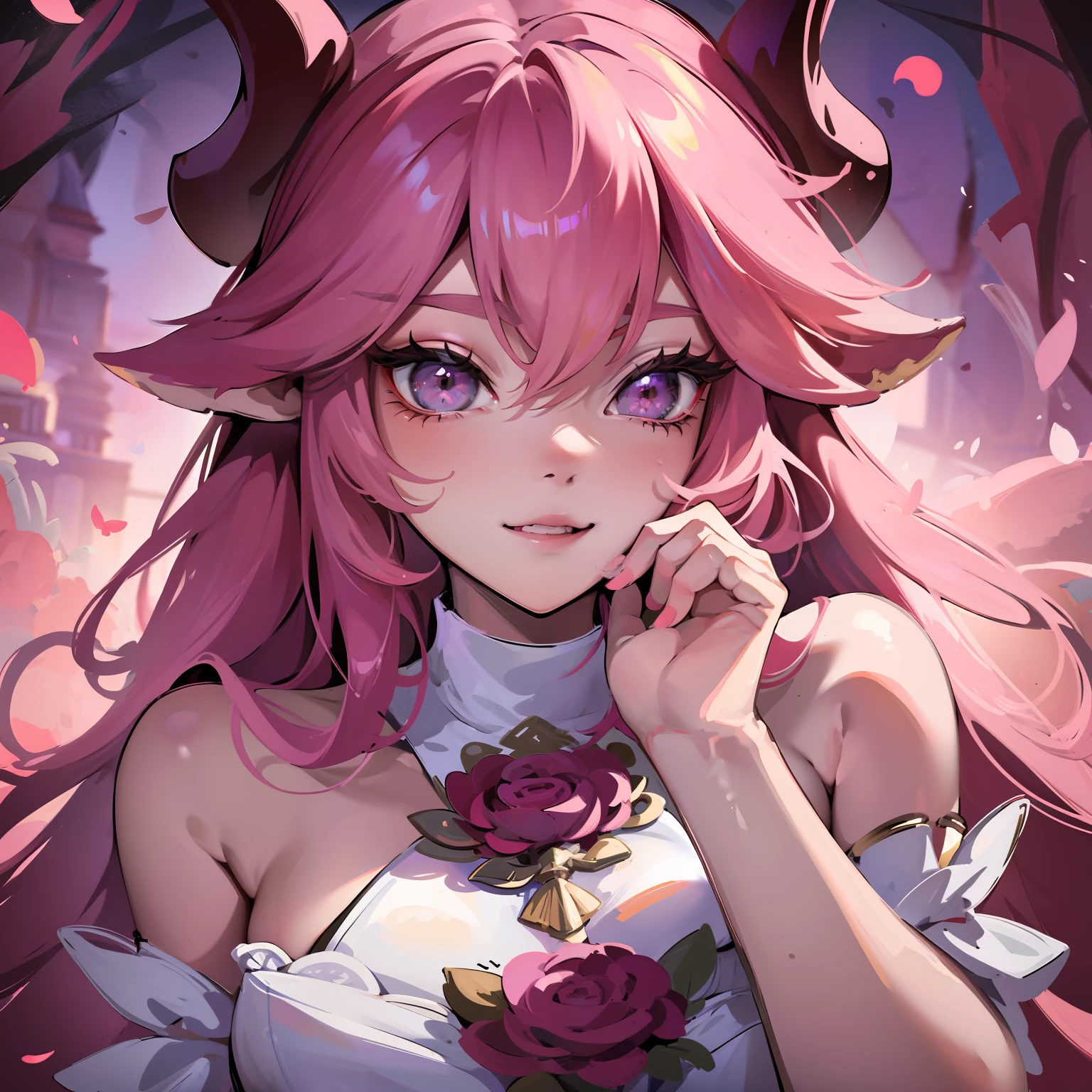 A female milf demon with demonic horns in the same light skin tone wearing a wet wedding dress, (skin tone demonic horns)), extremely long pink rapunzel hair, ((Pink rapunzel hair)), voluminous body with huge breasts and bust, ((huge breast and bust)), mischievous smile looking at the spectators ;, highlighted on the body, pose sexy, Sexualized pose ;, Realistic fashion, sysie high definition details, photography, perspicacity, unique 850 4, Koda850 k portrait camera, Spring F1.6, rich colors, Super realistic texture, spectacular light texture, surreal art, Cinestil 800 fashion mechanism.