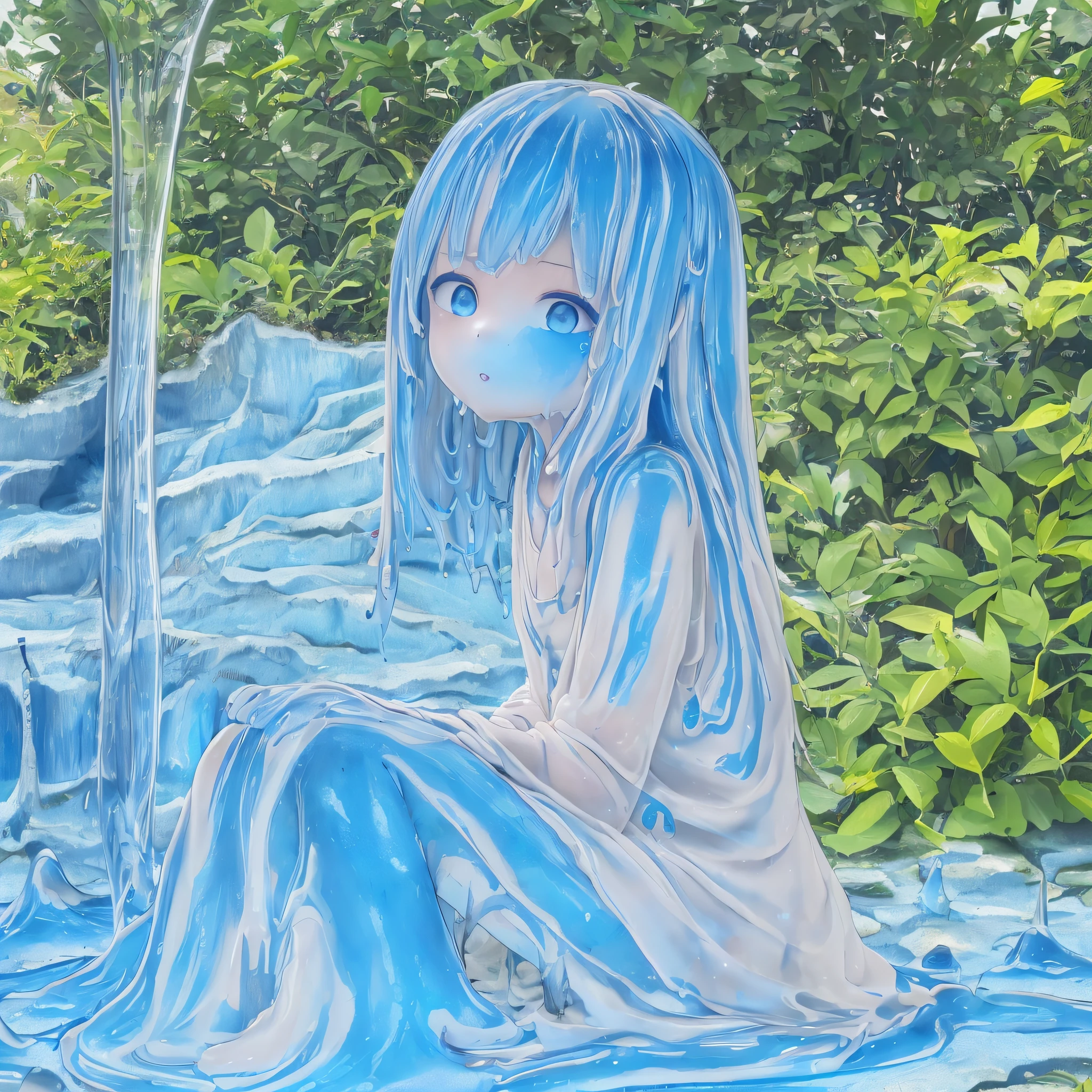 ((1girl)), only, Slime Girl, limousine \(substance\), blue skin, (green hair:1.2),((nude)), sitting, looking at the viewer ,full blue skin,