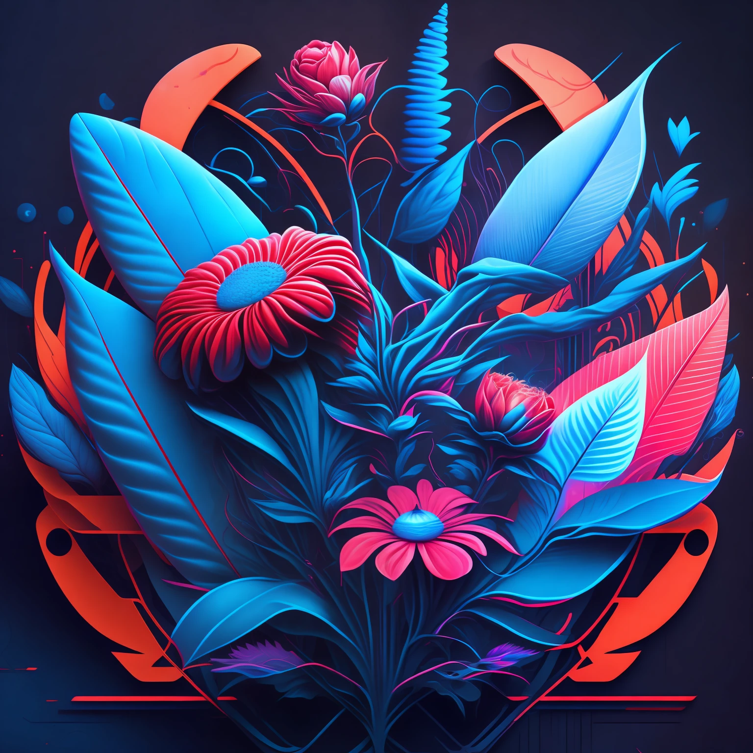 Technological plants and flowers in a futuristic setting ,black,blue,red,white background ,T-shirt design, midjourney, vector art, hydro74