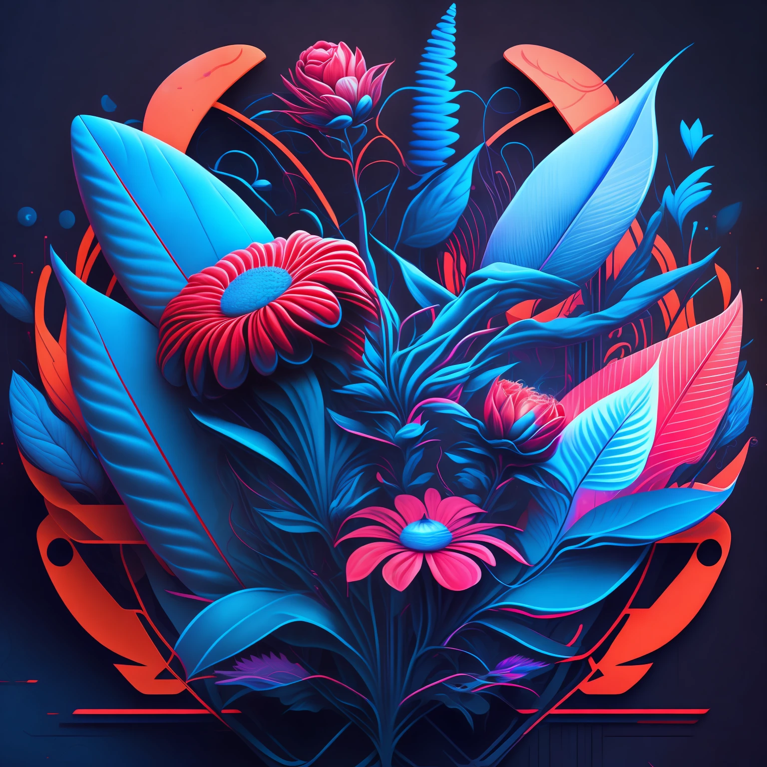 Plantes et fleurs technologiques dans un cadre futuriste ,noir,bleu,rouge,fond blanc ,conception de t-shirt, à mi-parcours, art vectoriel, hydro74