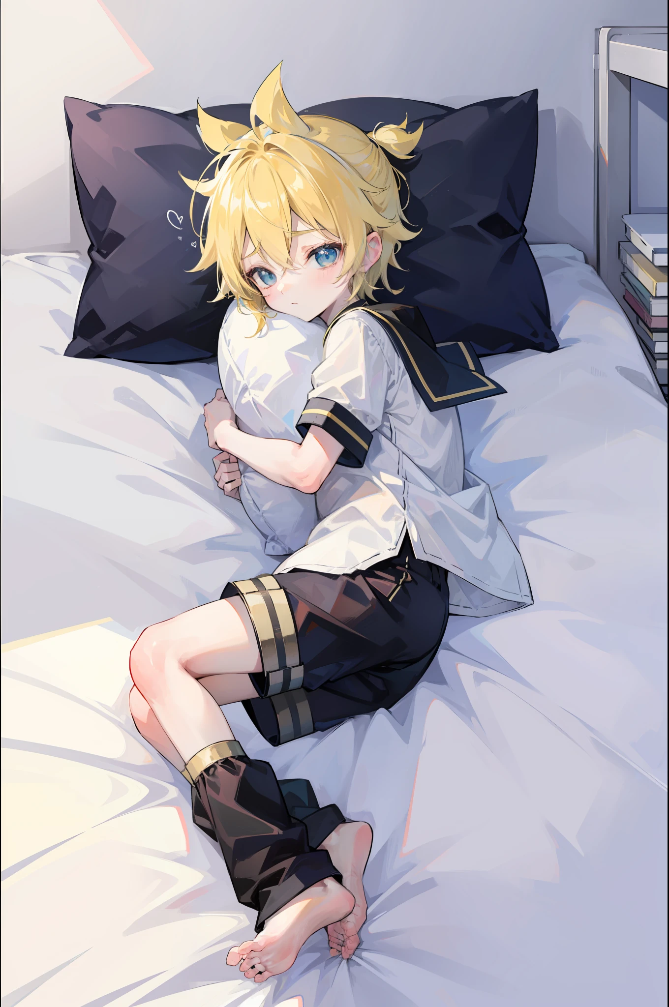 best quality, ultra precision, (one boy), (Len_Kagamine), cute, cool, blond hair, shota, handsome, cowlick, sailor uniform, black short pants, slender,  your cute boyfriend, innocent, boy model, boy is cute like a girl, on bed, lying on bed, sleep peacefully, close boy's eyes, boy is sleeping well, hugging pillow, full body, lovely, sleepy, boy has unconscious sex appeal, you secretly want to rape boy