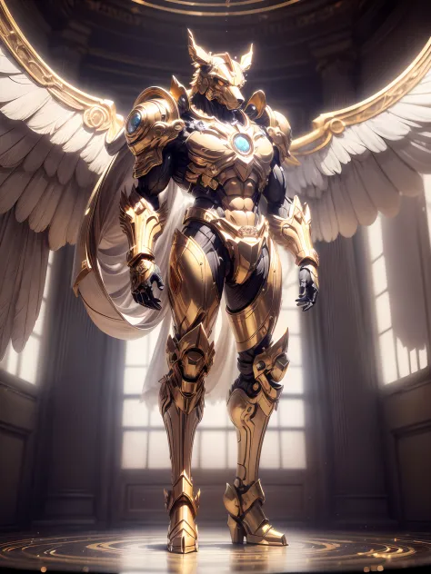 (anthropomorphism:1.5),(Full Body Shot), 1 gold dog mecha(Mechanical style gold dog head, Exquisite Helmet:1.2, muscular limbs, muscular body, Unfold wings made of gold:1.2), Standing on two legs, nobody,  Dreamy Glow,clean,white background, ( Global illum...