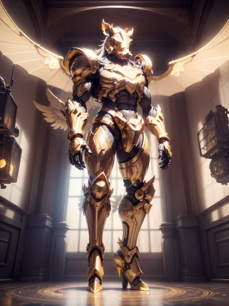 (anthropomorphism:1.5),(Full Body Shot), 1 gold pig mecha(Mechanical style gold pig head, Exquisite Helmet:1.2, muscular limbs, muscular body, Unfold wings made of gold:1.2), Standing on two legs, nobody,  Dreamy Glow,clean,white background, ( Global illum...