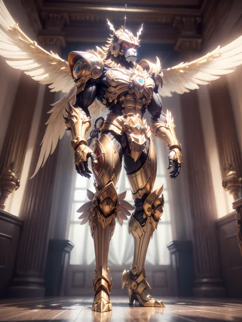 (anthropomorphism:1.5),(Full Body Shot), 1 gold monkey mecha(Mechanical style gold monkey head, Exquisite Helmet:1.2, muscular limbs, muscular body, Unfold wings made of gold:1.2), Standing on two legs, nobody,  Dreamy Glow,clean,white background, ( Global...