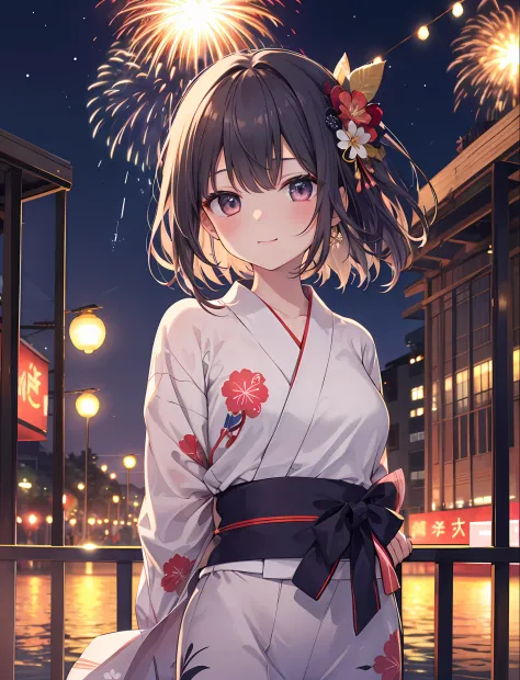 1girl, solo, ((masterpiece)), ((best quality)),  Superb view, Yukata, Festival, fireworks, wind, breeze, happy, focus, hair ornament, upper body, stall,arms behind back,