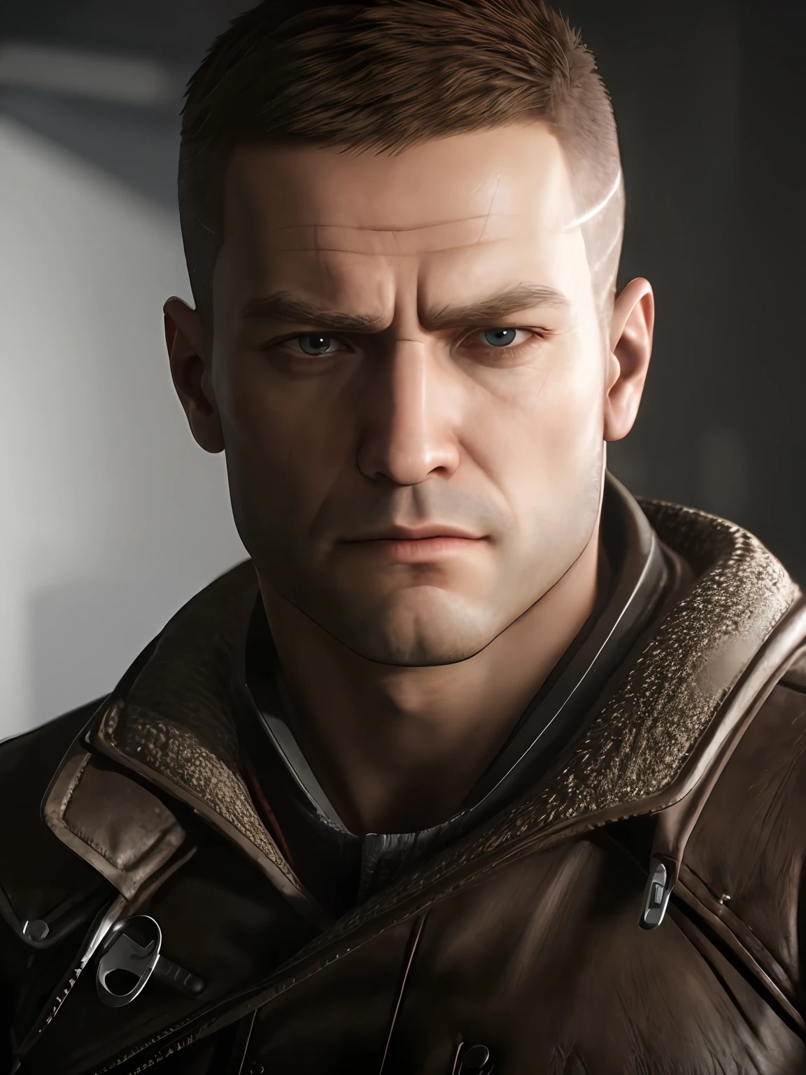 wolfensteinblazko wearing a leather coat standing in a room with a serious look on his face, ultra realistic, realistic skin details, ultra sharp, wallpaper, intricate, sharp focus, ray tracing, rtx, professionally color graded, professional photography, masterpiece, ultra detailed, high quality, best quality, 4k, 8k, raw