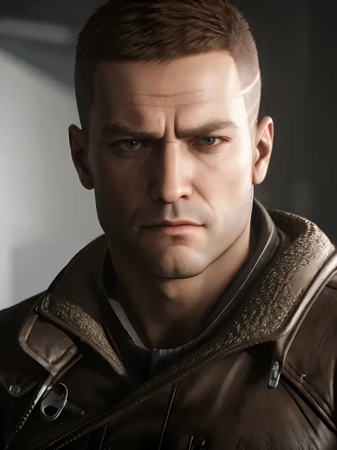 wolfensteinblazko wearing a leather coat standing in a room with a serious look on his face, ultra realistic, realistic skin det...