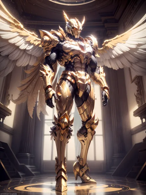 (anthropomorphism:1.5),(Full Body Shot), 1 gold  mecha(Mechanical style gold  head, Exquisite Helmet:1.2, muscular limbs, muscular body, Unfold wings made of gold:1.2), Standing on two legs, nobody,  Dreamy Glow,clean,white background, ( Global illuminatio...