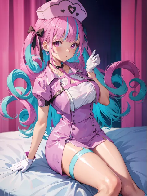 pink nurse hat，blue hairs，pink nurse's uniform，white gloves，blue stockings，pink high heels