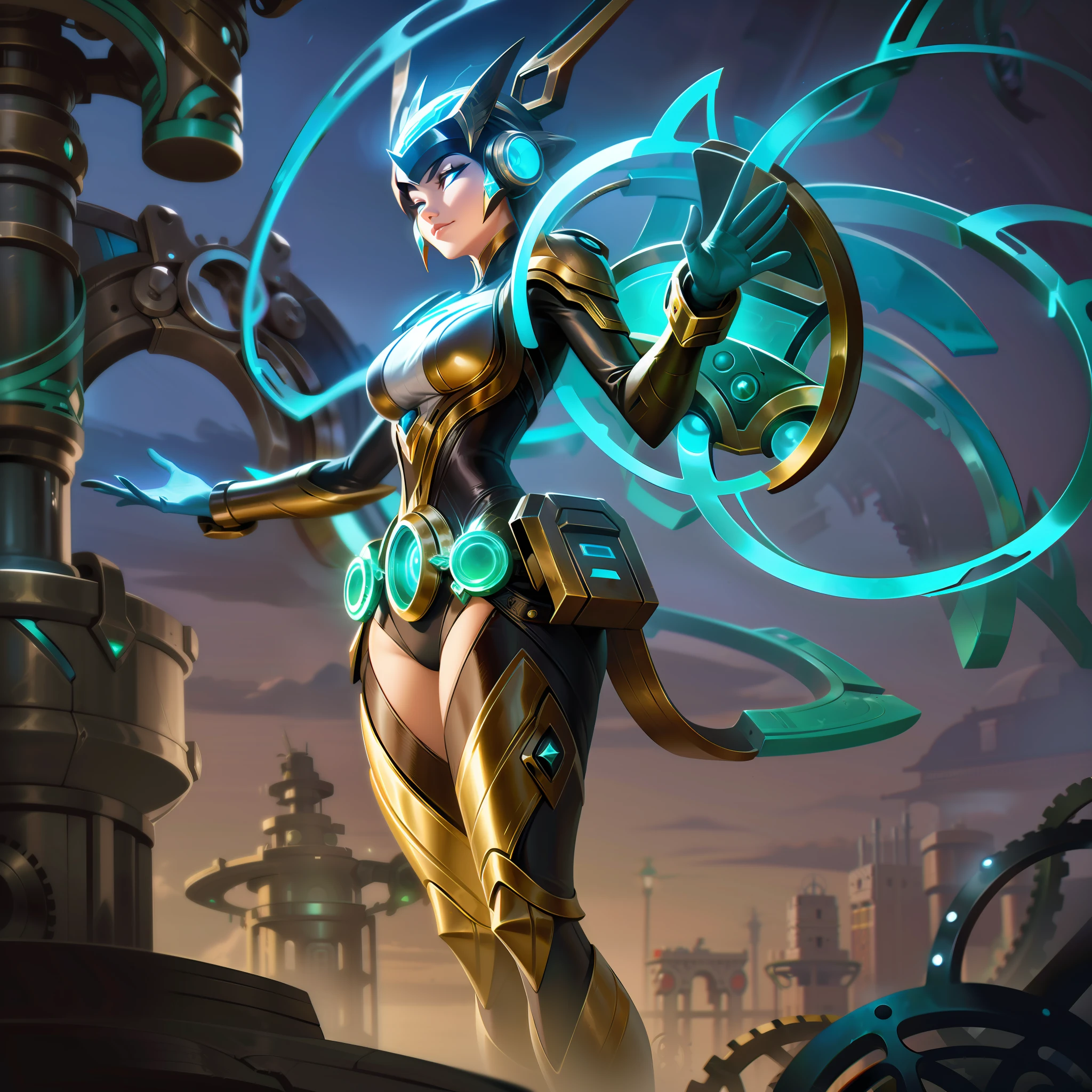 The Epic Skin "Techno-Vine Xerona" presents a captivating fusion of nature and technology, transforming Xerona into a futuristic and steampunk-inspired archer.

In the splash art, Xerona's appearance takes on a unique and intriguing twist. Her outfit now combines elements of gears and vines, blending the aesthetics of steampunk and nature. Her armor is adorned with mechanical gears and cogs, while vibrant vines entwine around her, symbolizing her bond with the natural world.

Her bow and arrows have undergone a remarkable upgrade, becoming bio-mechanical in nature. The bow now features a blend of metallic components and living vines, while the arrows are infused with neon-colored energy, giving them an electrifying appearance.

The color palette is a harmonious blend of steampunk hues, such as brass, bronze, and copper, with splashes of vivid neon colors. The background showcases a vibrant steampunk-inspired setting, with clockwork machinery and gears adding to the technological theme.

Xerona's expression exudes confidence and a sense of wonder, reflecting her fascination with this new techno-organic transformation. The overall composition exudes an aura of innovation and adventure, capturing the essence of this unique and captivating steampunk and nature fusion.