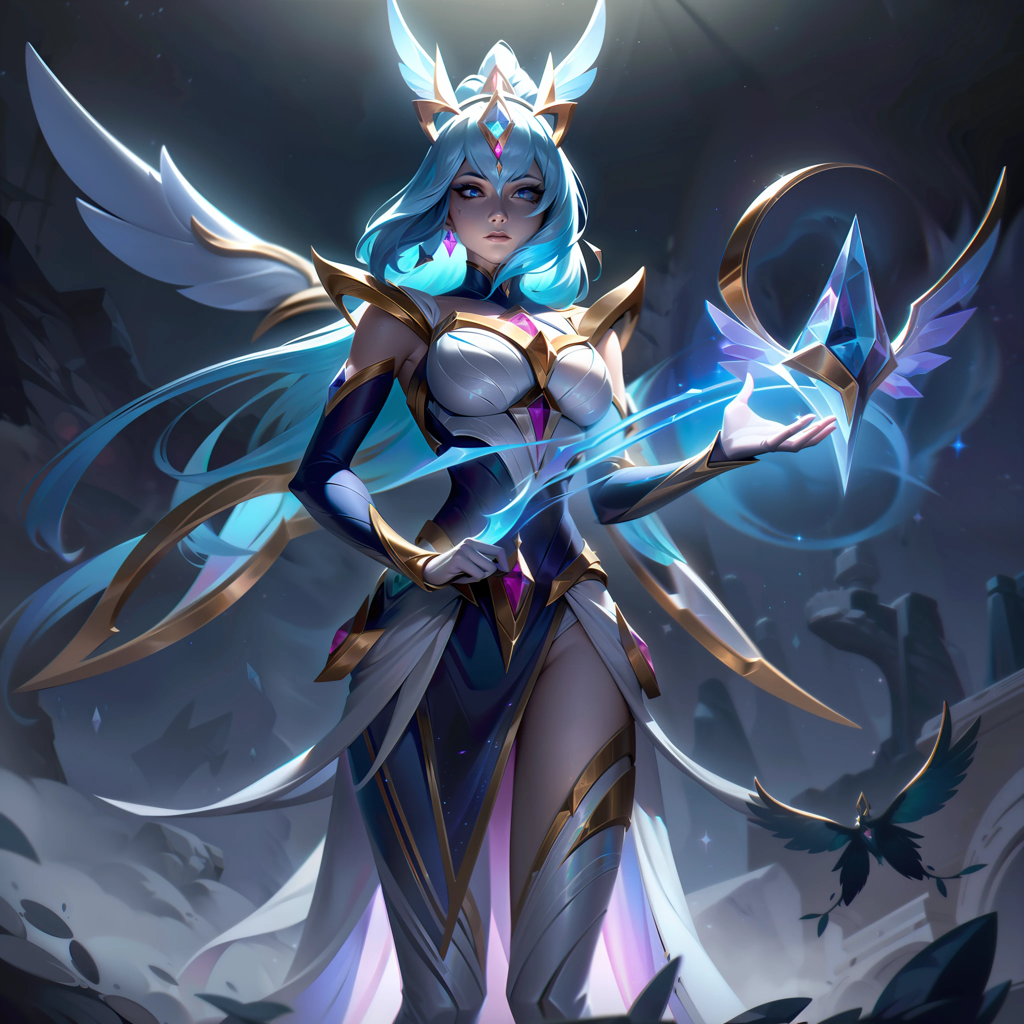 Der legendäre Skin "Eclipse-Wächter Xerona" präsentiert eine atemberaubende Transformation des ursprünglichen Verdant Archer Xerona. In dieser Haut, Xerona verkörpert die Macht der Nacht und himmlische Kräfte, zu einer rätselhaften und königlichen Figur werden.

In der Splash Art, Xeronas Aussehen erfährt eine atemberaubende Metamorphose. Sie trägt jetzt ein elegantes und ätherisches himmlisches Gewand, mit ihrer Rüstung und ihrem Bogen aus Mondstein. Ihre Flügel schimmern im Mondlicht, was ihre Verbindung zum himmlischen Reich anzeigt.

Die Farbpalette wird von tiefen Blautönen und schimmernden Silbertönen dominiert, den mondbeschienenen Nachthimmel spiegelnd. Leuchtende Sterne und Himmelssymbole schmücken ihre Rüstung, und betont ihre neue Rolle als Eclipse Sentinel, ein Wächter der Nacht.

Ihre Pfeile haben sich in strahlende Mondlichtstrahlen verwandelt, bereit, die Dunkelheit und Feinde gleichermaßen zu durchdringen. Das himmlische Thema der Haut wird durch die Einbeziehung von glitzerndem Sternenstaub und himmlischem Schimmer im Hintergrund noch verstärkt.

Xeronas Ausdruck strahlt himmlische Anmut und Entschlossenheit aus, Sie demonstriert ihre neu entdeckte Macht als Eclipse Sentinel. Die Gesamtkomposition strahlt eine Aura des Mysteriums und der Majestät aus, die Essenz dieser königlichen und kosmischen Transformation einfangen.