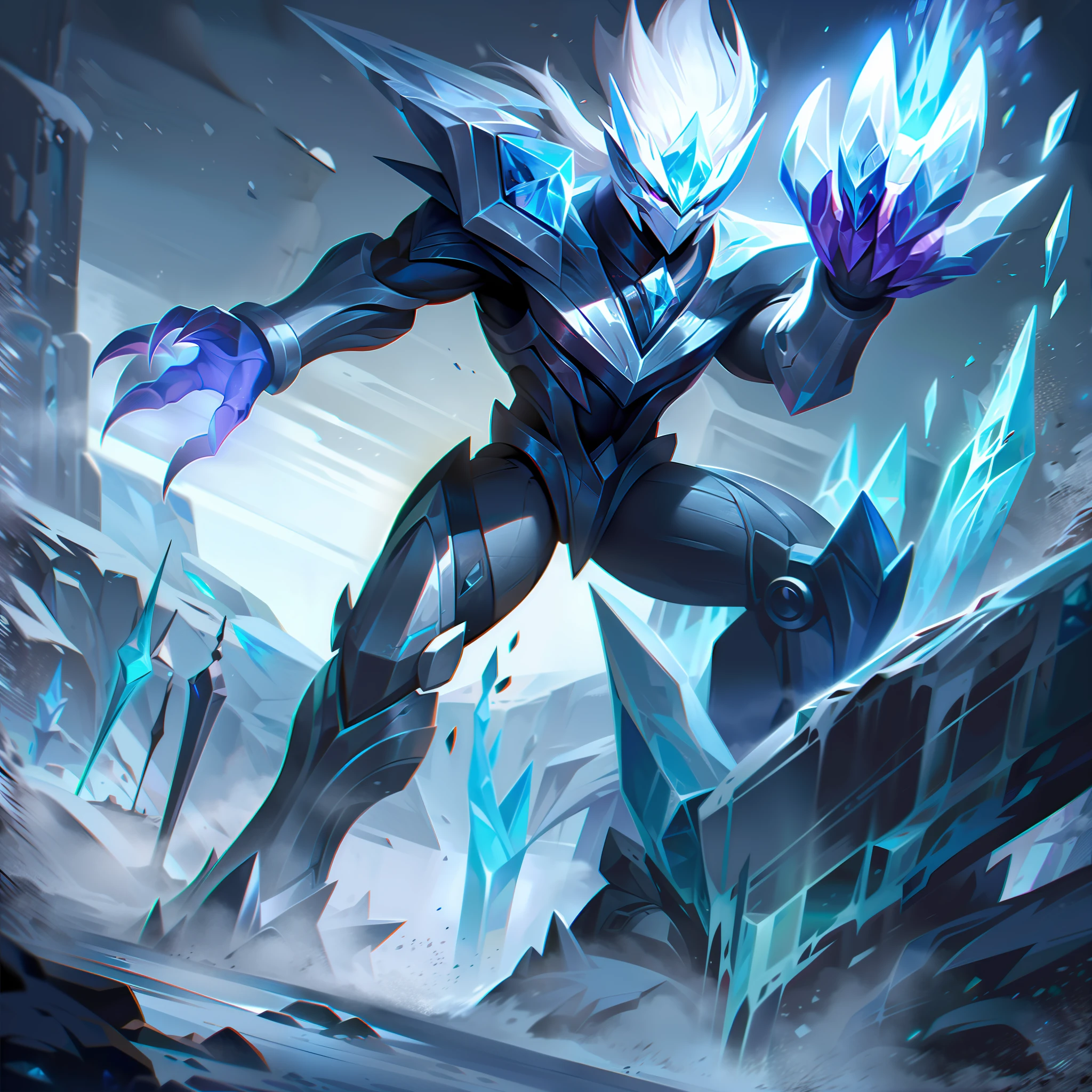 The base splash art of "Frostclaw Sentinel Mikreoyr" depicts a majestic and powerful Cryokinetic Entity. Mikreoyr stands tall and resolute, emanating an aura of cold and icy resilience. His entire body is composed of glistening ice and frost, reflecting his mastery over cryokinetic powers.

Mikreoyr's Cryokinetic Claws, shimmering with cold energy, are held forward, ready to unleash their freezing might upon his foes or protect his allies. The claws embody his role as the Frostclaw Sentinel, a guardian of ice and protector of his team.

In the background, a frigid and snowy landscape complements the theme, enhancing the sense of a winter battlefield. The colors are dominated by shades of blue, white, and silver, representing the icy power and serenity of the Cryokinetic Entity.

His expression conveys a sense of determination and watchfulness, showcasing his devotion to safeguarding his allies and the League of Legends. The overall composition exudes a regal and commanding presence, drawing attention to the Frostclaw Sentinel's might and determination.