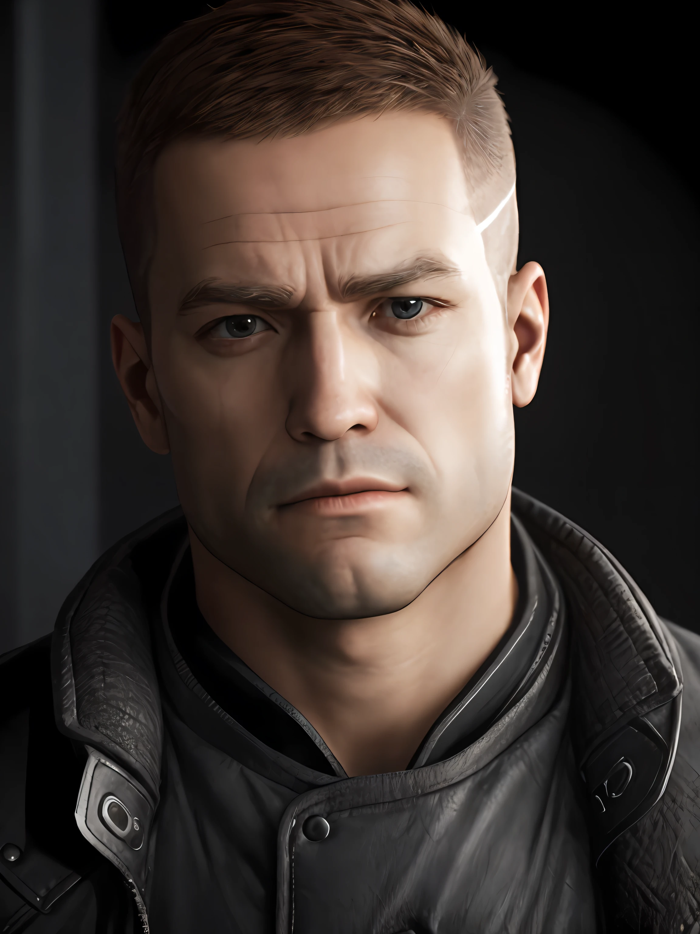 Wolfensteinblazko wearing a light black leather coat standing in a room with a serious look on his face, ultra realista, detalhes realistas da pele, ultra sharp, papel de parede, intrincado, foco nítido, ray tracing, rtx, profissionalmente cor classificada, fotografia profissional, obra-prima, ultra detalhado, alta qualidade, melhor qualidade, 4k, 8k, cru