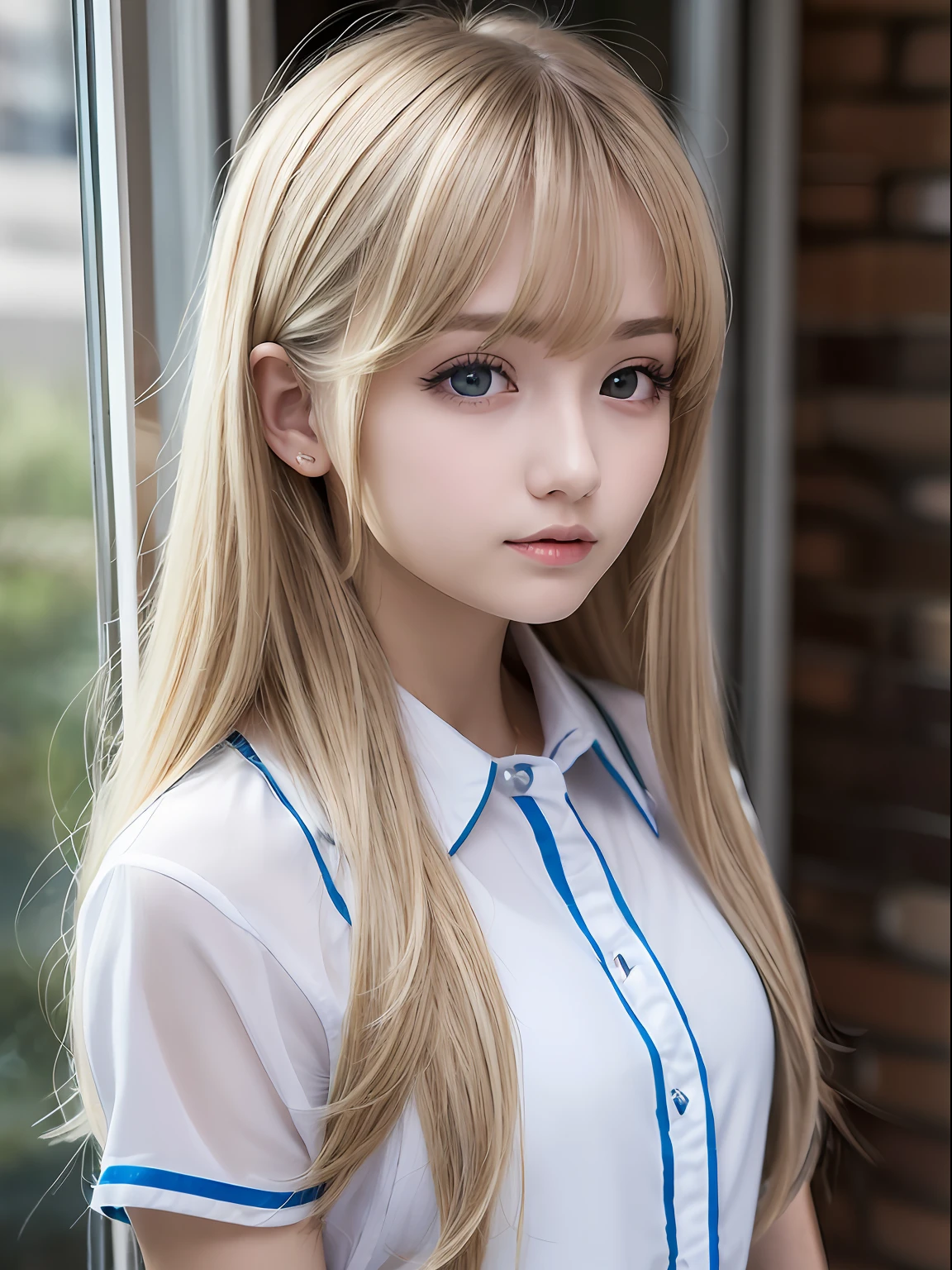 portlate、School Uniforms、bright expression、poneyTail、Young shiny shiny white shiny skin、Best Looks、Blonde reflected light、Platinum blonde hair with dazzling highlights、Thin, shiny light hair,、Super long silky straight hair、Beautiful bangs that shine、Glowing crystal clear big blue eyes、Very beautiful nice cute 18 year old girl、