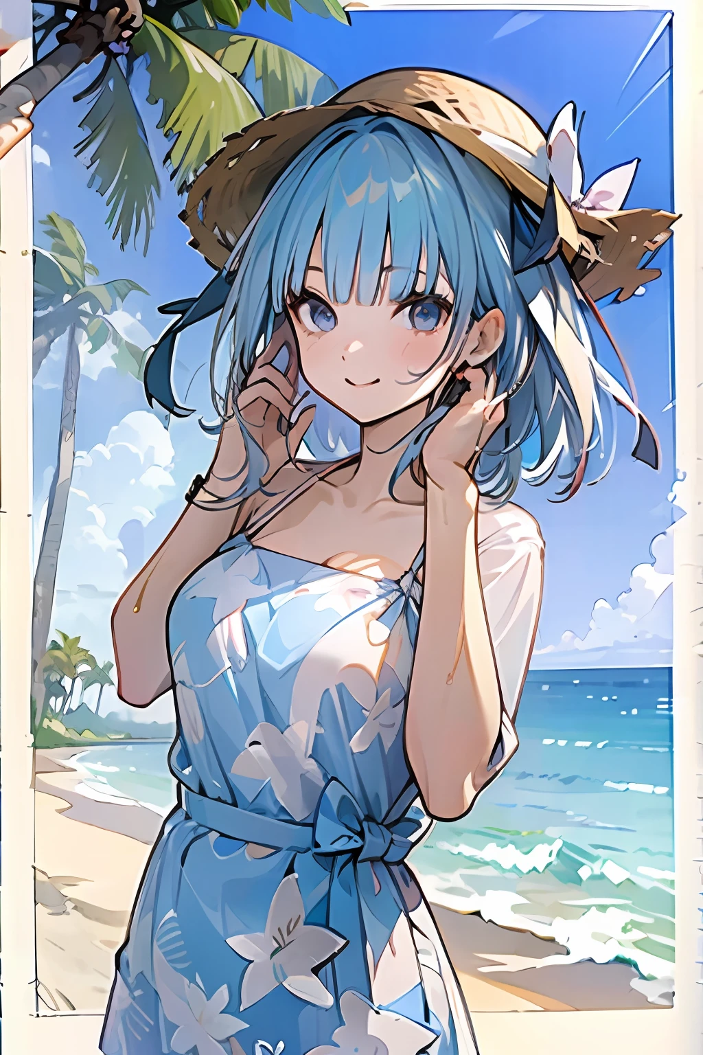 ((masterpiece:1.2, best quality)), , anime girl, smiling, beach, summer sky, 1gilr, solo, brown short hair, (bikini), cloud, palm tree, cute posing, straw hat, coffee cup, ice coffee, short check pattern skirt, upper body