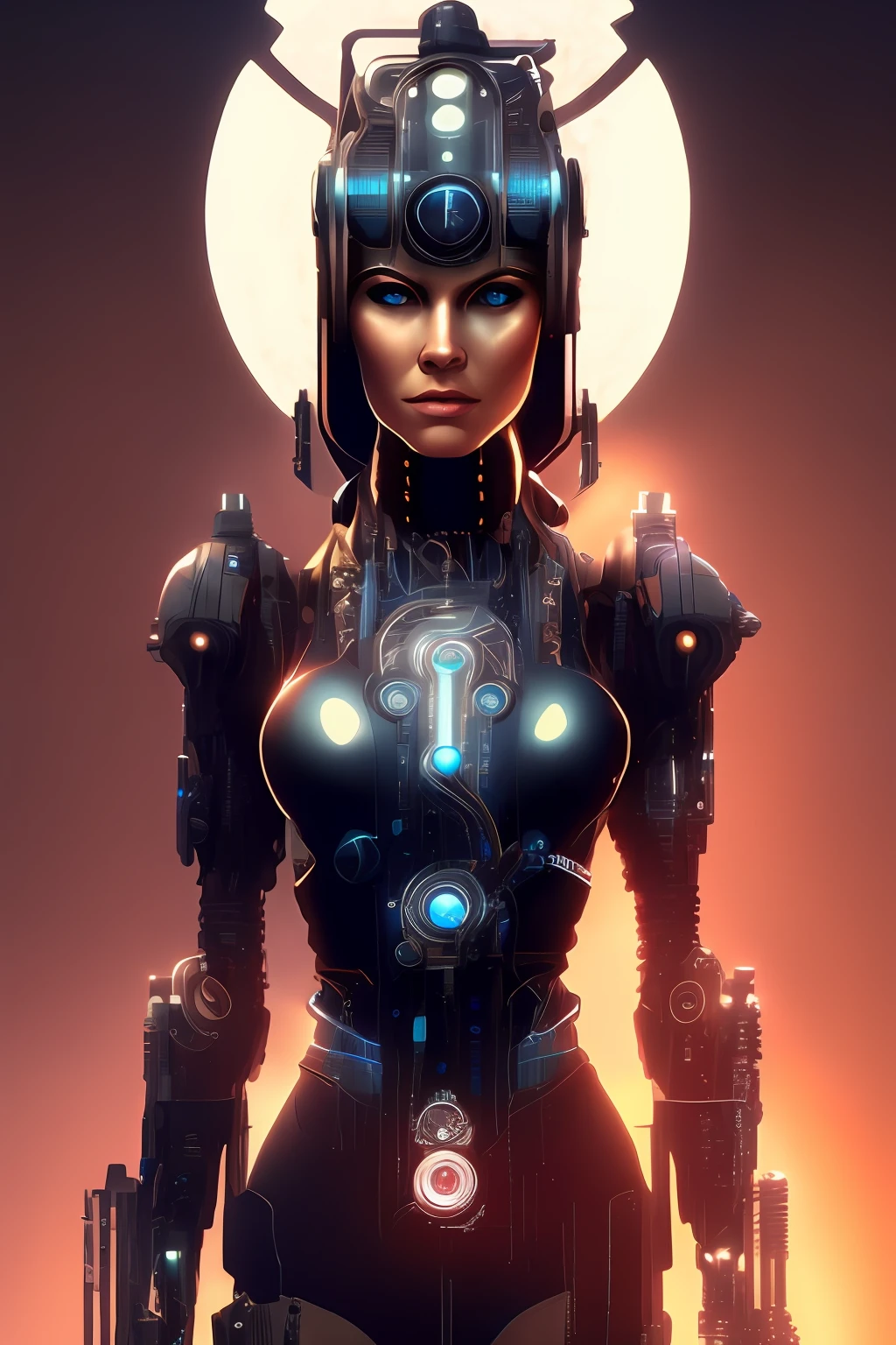 full body cyborg| full-length portrait| detailed face| symmetric| steampunk| cyberpunk| cyborg| intricate detailed| to scale| hyperrealistic| cinematic lighting| digital art| concept art| mdjrny-v4 style