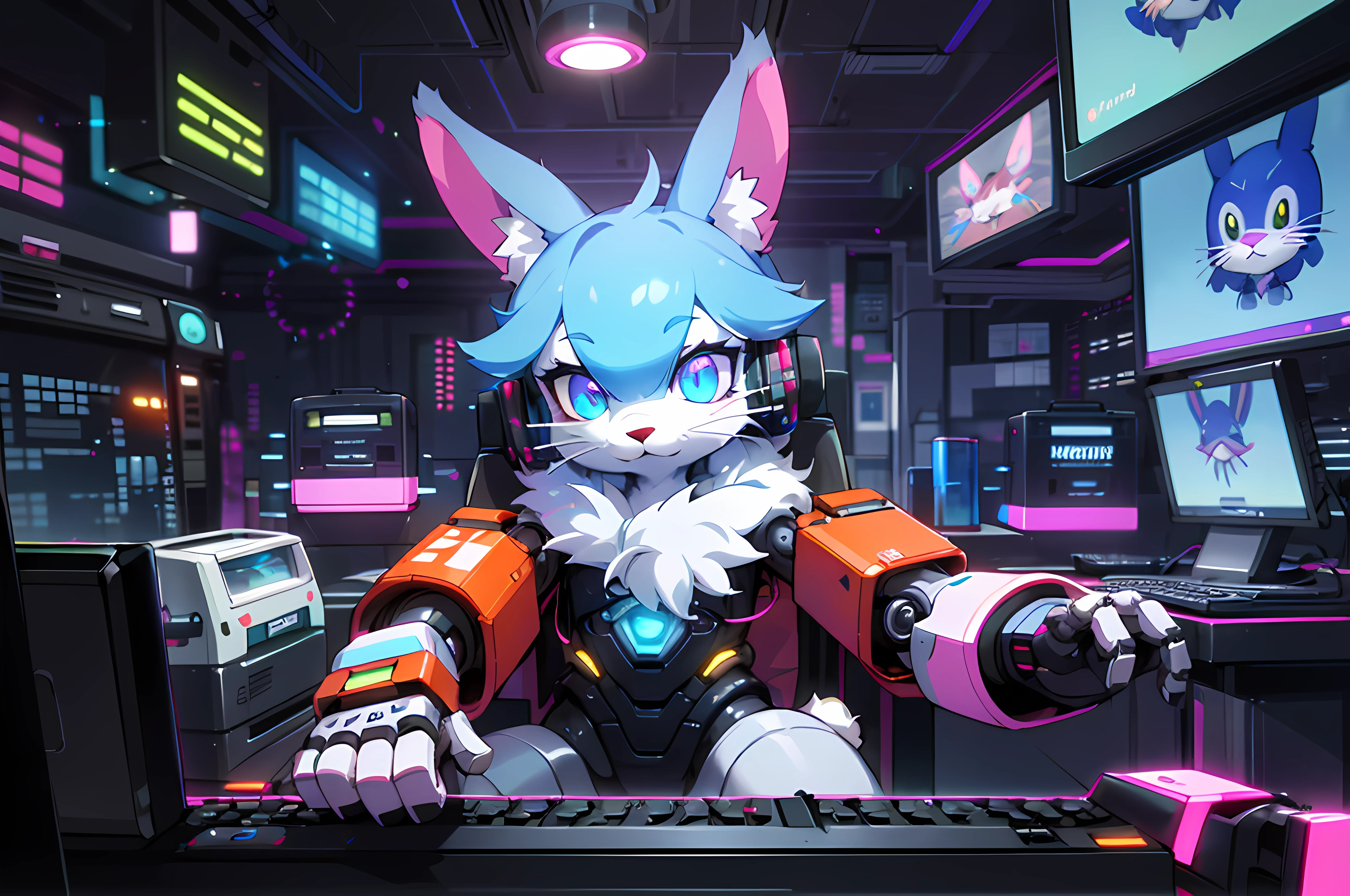 (blame! style abandoned tech landscape), (Zen, Amy Sol style), (((beats to relax/study to))), (((Lofi anthro kemono blue-furred rabbit girl in power armor sitting in metal chair behind computer terminal, behind giant glass terminal screen, beats to relax/study to))), (((blue kemono beastars furry rabbit anime hacker with small soft furry paws))), (((suspended glass cyberpunk computer terminals with robot rabbit in background))), ((glowing cyberdeck screens)), (underground, dark, foggy, perilous, abandoned dystopian apartment bedroom, deep windows), (abstract anthro rabbit figure wearing bunny ears), cover art with light abstraction, abstract, simple vector art, contemporary Cybernetic art, color gradients, soft color palettes, layered forms, whimsical animation, style Ethereal abstract, 4K, --v6