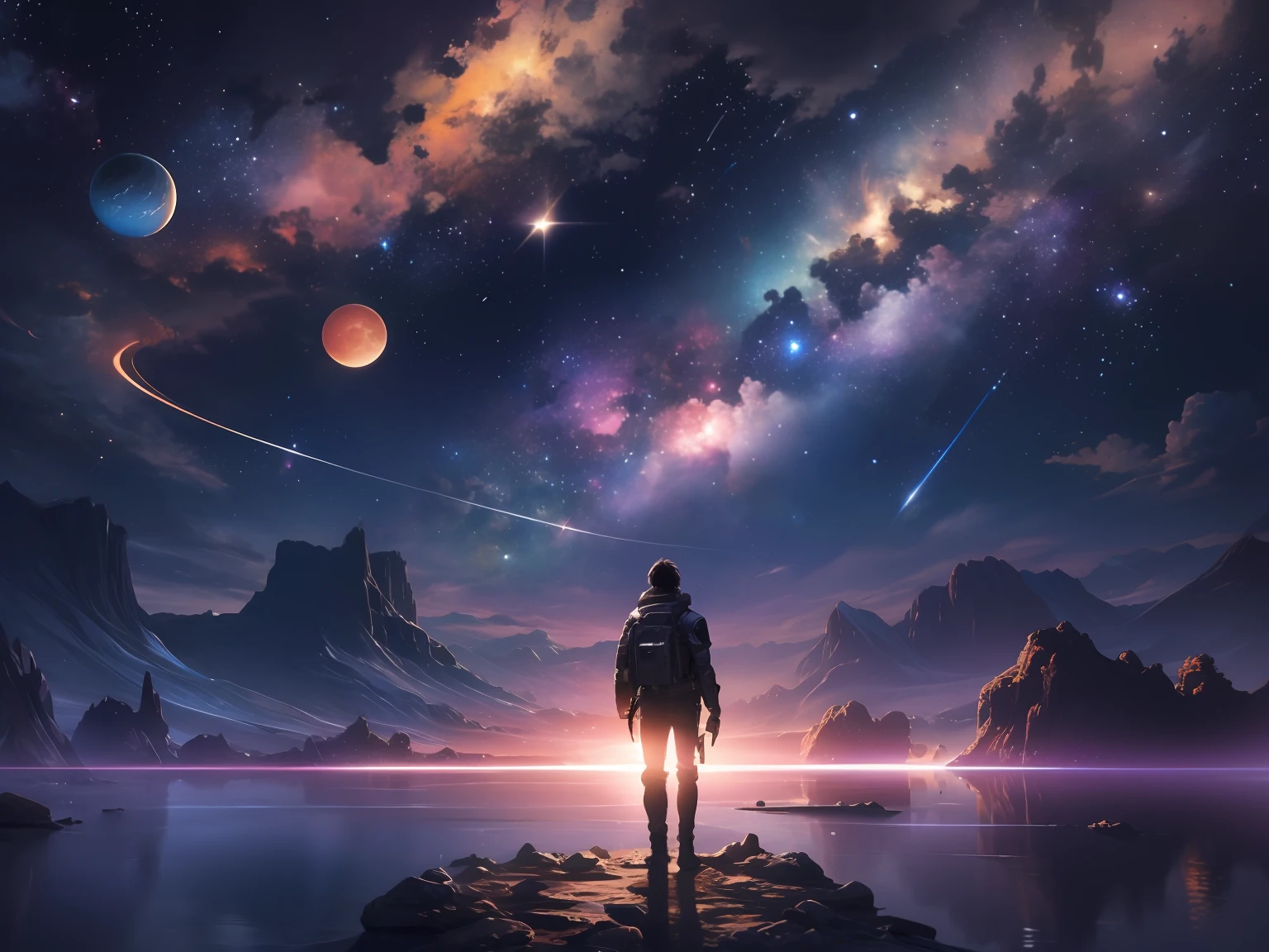 a man in armor on a rock looking at the stars in the sky, endless cosmos in the background, looking out into the cosmos, highly detailed digital art in 4k, lost in the milky void, paper awesome wallpaper, Artgem e Beeple Masterpiece, 8k stunning artwork, 8k hd wallpaper digital art, lost in the immensity of space, Some planets, black hole