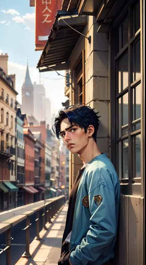 usar el mismo chico, 15-year-old man with short, straight blue hair standing on a terrace looking at a strange city, tiene mirad...