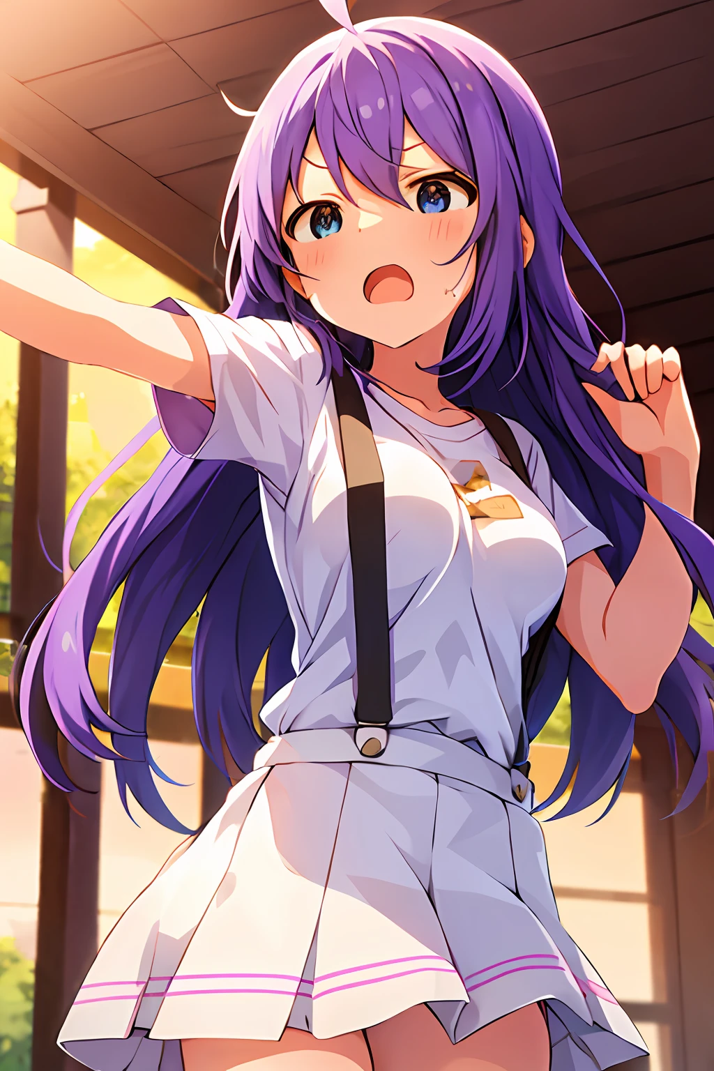 mochizuki anna,1girl in,Solo,Long hair,Purple hair,big breasts.Ahoge,Blue eyes.Short stature.white t-shirts.suspenders.Skirt.Evening glow.the setting sun.Despair face.Sweat.Opening Mouth.up chest.Fighting stance.