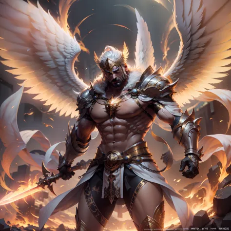 ultra realistic photo angel man warrior, golden wings, strong muscles, fire sword in hand, octane rendering, 16k uhd, high detai...