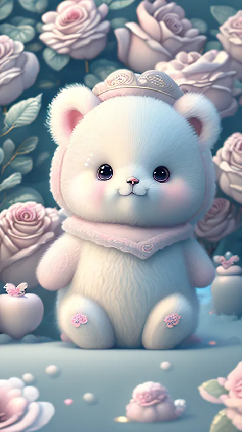 Nesta arte CG ultra-detalhada, Cute bears surrounded by ethereal roses, risos, melhor qualidade, alta resolução, detalhes intrincados, fantasia, animais bonitos, roxo, humorous, boca aberta!! Rir!!!