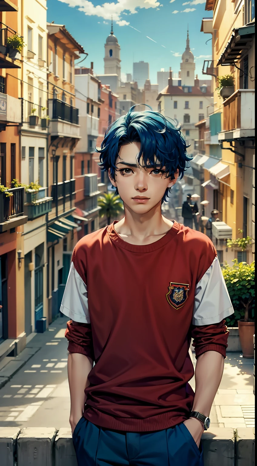 usar el mismo chico, 15-year-old man with short, Straight blue hair standing on a terrace looking at a strange city, tiene mirada triste,