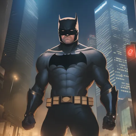 "in the darkness of the futuristic night, in a city filled with glowing neons that reflect the shadows, batman emerges in his no...