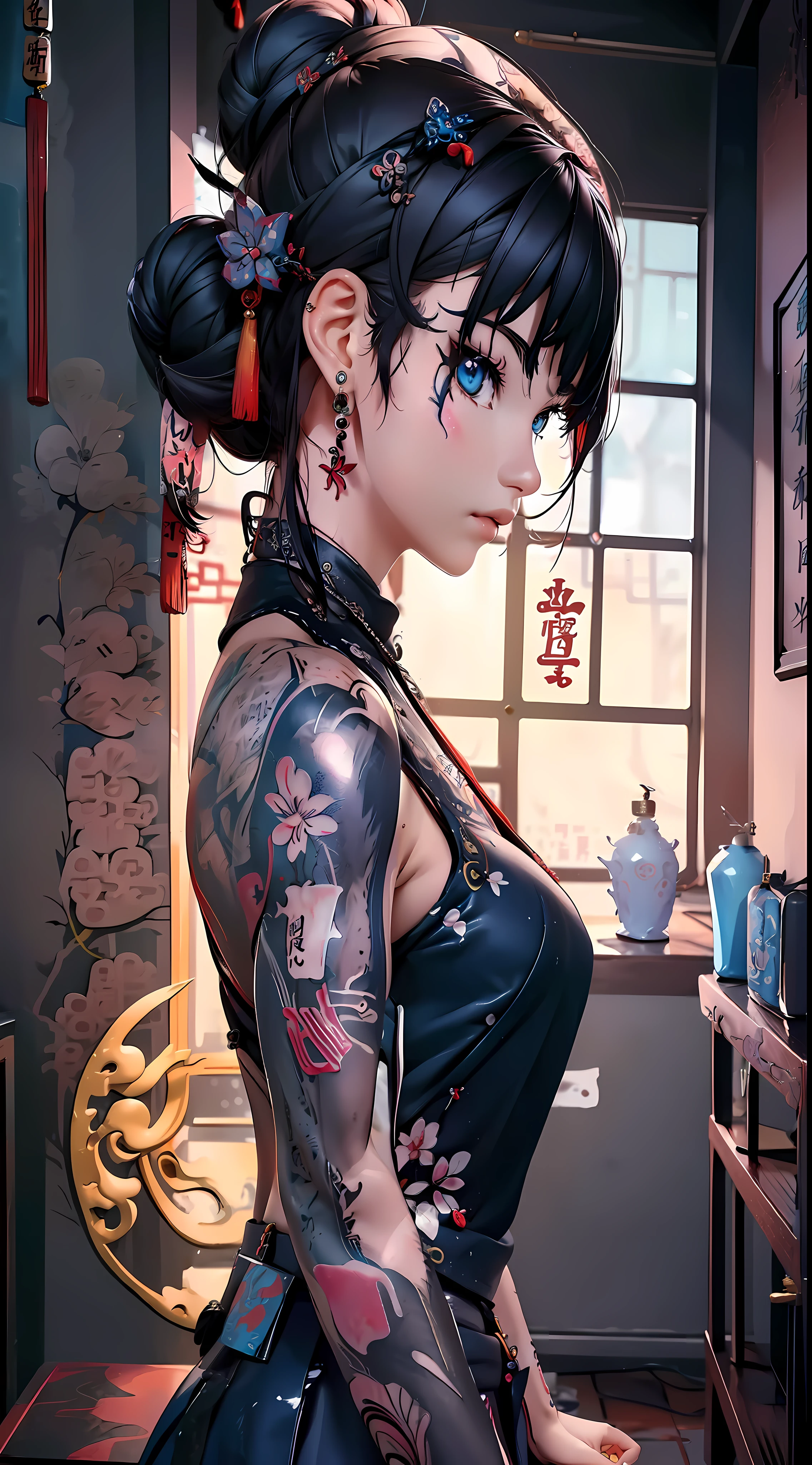 (masterpiece best quality:1.4),1girl, (tattoo of chinese text:1.5), solo, hair flowers, long hair, blue eyes, looking at viewer, medium breast, tattoo, black hair, tassel, bare shoulders, mecha, bangs, upper body, earrings, indoors, nape, off shoulder, jewelry, eyelashes, lips, profile, hair bun, piercing, single hair bun,