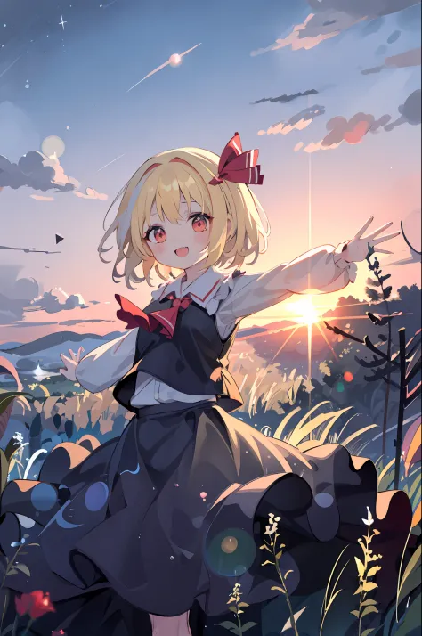masutepiece, Best Quality, 1girl in, rumia, Blonde hair, Solo, Red Eyes, Open mouth, bow ribbon, Hair Ribbon, Skirt, Outstretche...