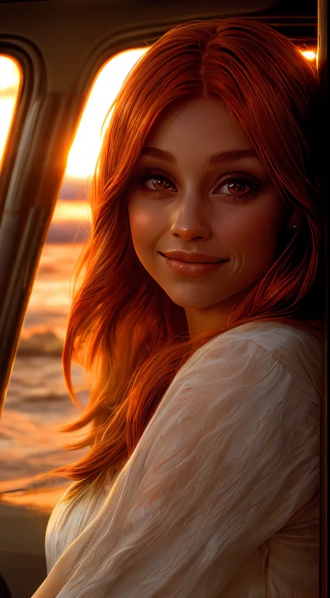 a close-up of a woman's face, bathed in warm orange hues, as if lit by the soft glow of a sunset, her eyes sparkling with joy an...