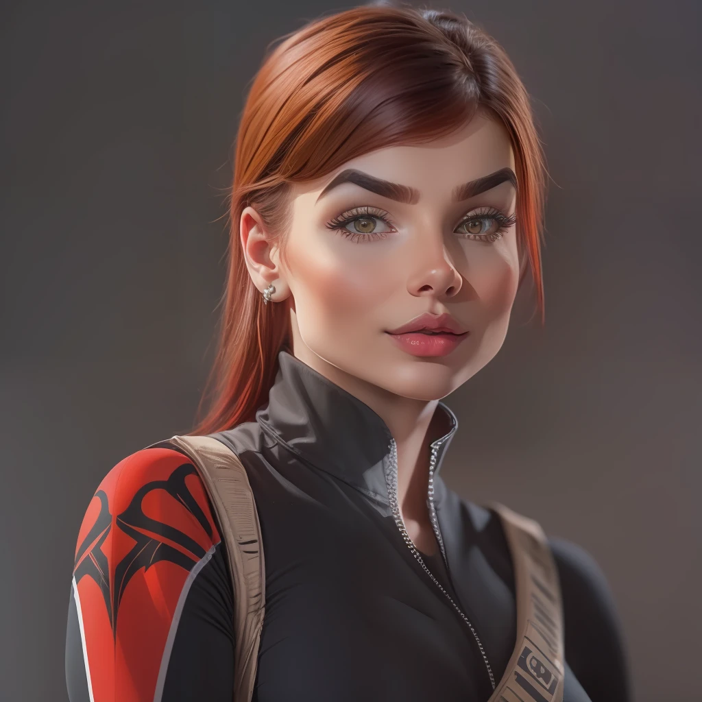 best quality,game cg,1girl, masterpiece, best quality, 8k, detailed skin texture, detailed cloth texture, beautiful detailed face, intricate details, ultra detailed, audrey hepburn, Spider-Man uniform, straight red hair, (Half body:1.2)