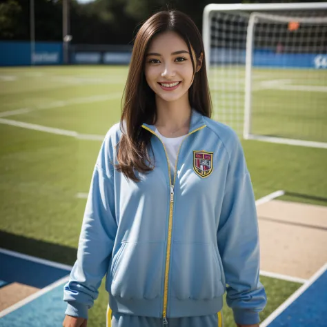 woman in blue jacket standing in front of soccer goal, girl wearing school uniform, wearing a school soccer uniform, portrait of...