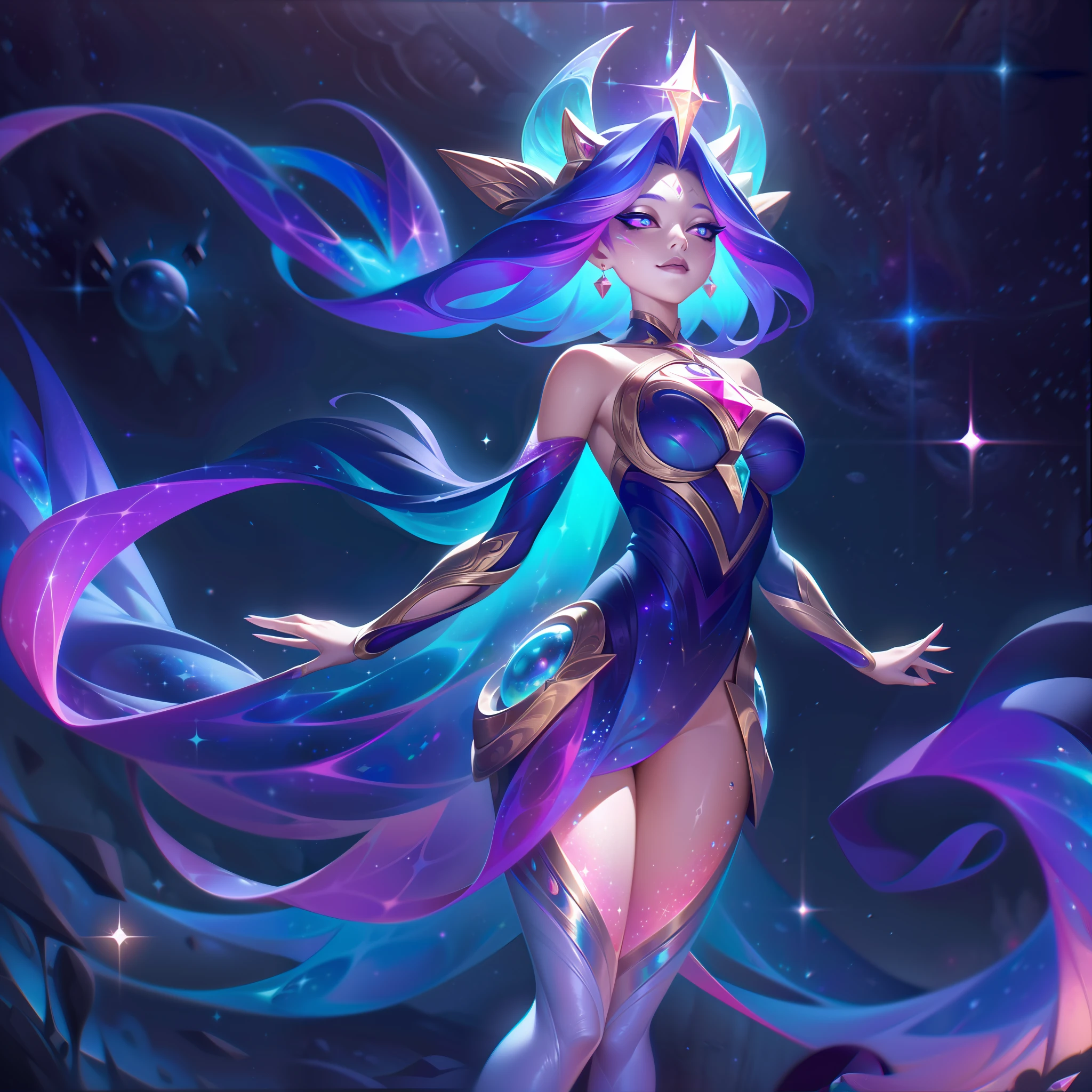 A Pele Lendária "Cosmic Sprite Baembi" leva o Sprite da Floresta para um reino cósmico inspirador, transformando-a em uma entidade celestial de imenso poder e maravilha.

Na arte inicial, A aparência de Baembi passa por uma transformação cósmica de tirar o fôlego. Ela agora se destaca como um ser luminoso e etéreo, adornada com motivos celestiais e poeira de estrelas brilhantes. Suas asas cintilam com rastros de poeira de estrelas, significando sua conexão celestial.

Suas roupas agora refletem a grandiosidade do cosmos, apresentando padrões intrincados de estrelas e galáxias, simbolizando sua afinidade com as forças cósmicas.

Os olhos de Baembi brilham com energia cósmica, transmitindo uma sensação de sabedoria cósmica e poder sobrenatural. Sua pose exala graça e confiança celestiais, como se ela guardasse os segredos do universo em seu aperto mágico.

no fundo, Um espetáculo celestial se desenrola, com nebulosas de tirar o fôlego, galáxias rodopiantes, e estrelas brilhantes adicionando à sensação de maravilha e majestade cósmica.

A paleta de cores é uma mistura hipnotizante de tons cósmicos, apresentando blues profundos, roxos, e explosões vibrantes de poeira estelar, criando uma atmosfera encantadora e etérea.